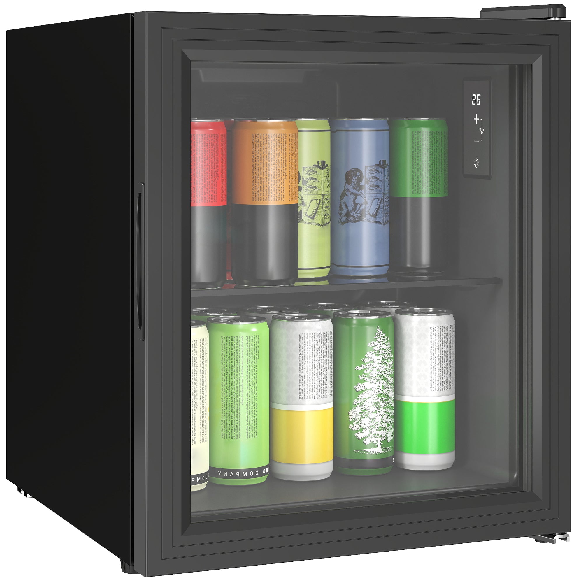 Réfrigérateur à Boissons 46L 59 Canettes, Petit Frigo Silencieux Pose Libre avec Porte en Verre Trempé Double, Étagère en Verre, Éclairage LED, Écran Tactile, pour Chambre Bureau Dortoir, Noir