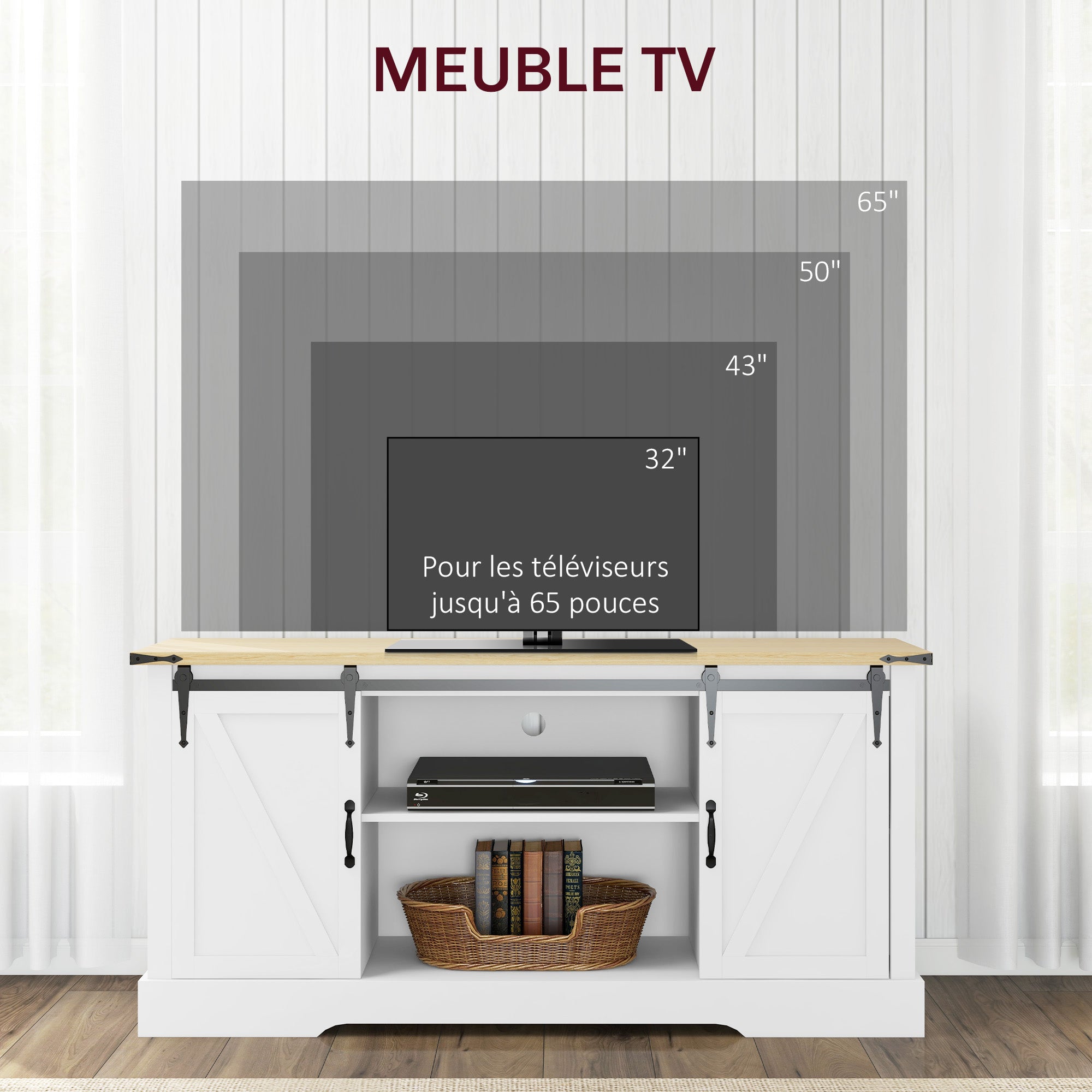 Buffet, meuble de rangement, avec 2 portes coulissantes étagères réglables, pour le salon, salle à manger, couloir, 150l x 40P x 72H cm, en bois, blanc chêne