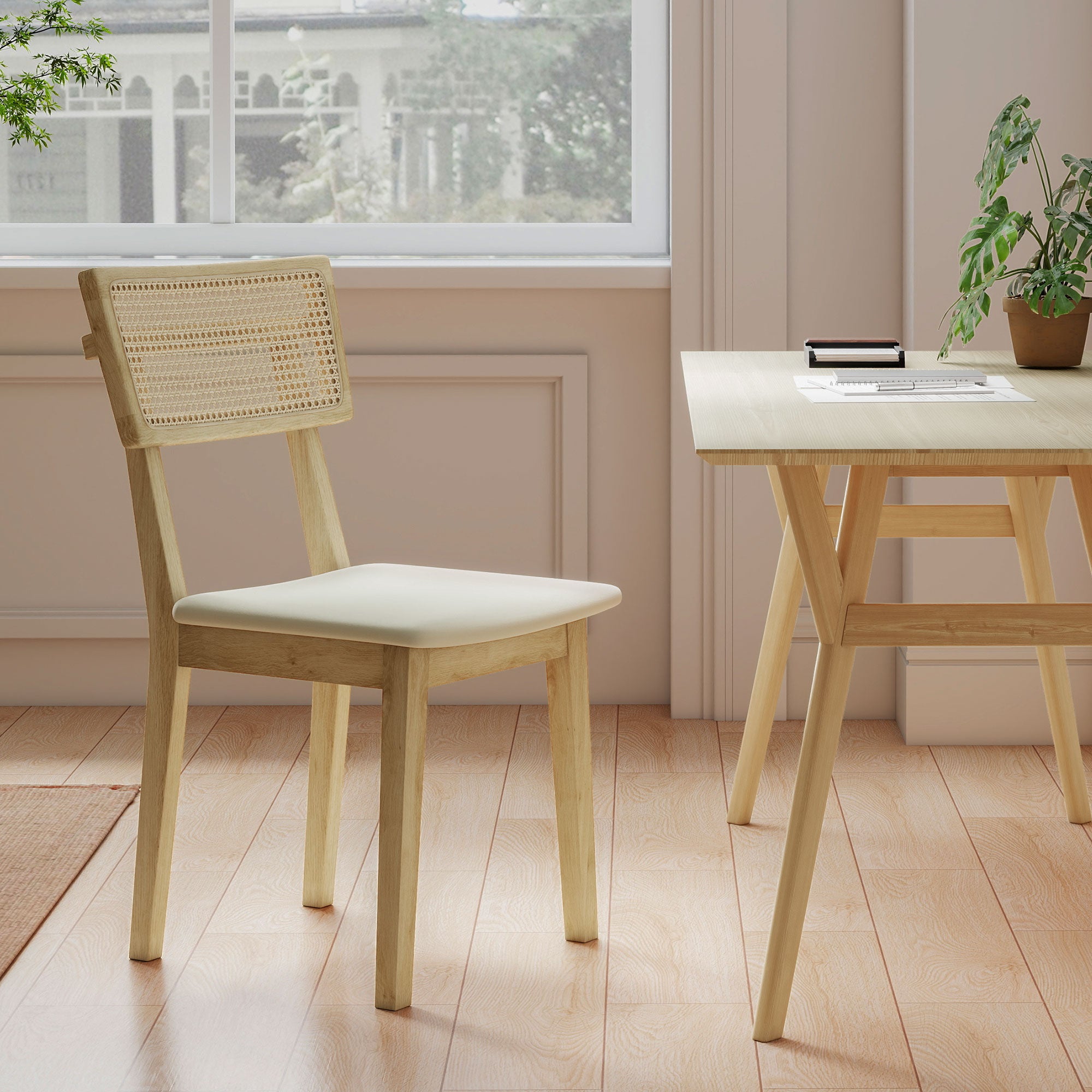Lot de 2 chaises de salle à manger, chaises de cuisine modernes avec dossier effet rotin, cadre en bois d'hévéa, pour salon, chambre, cuisine, effet bois naturel