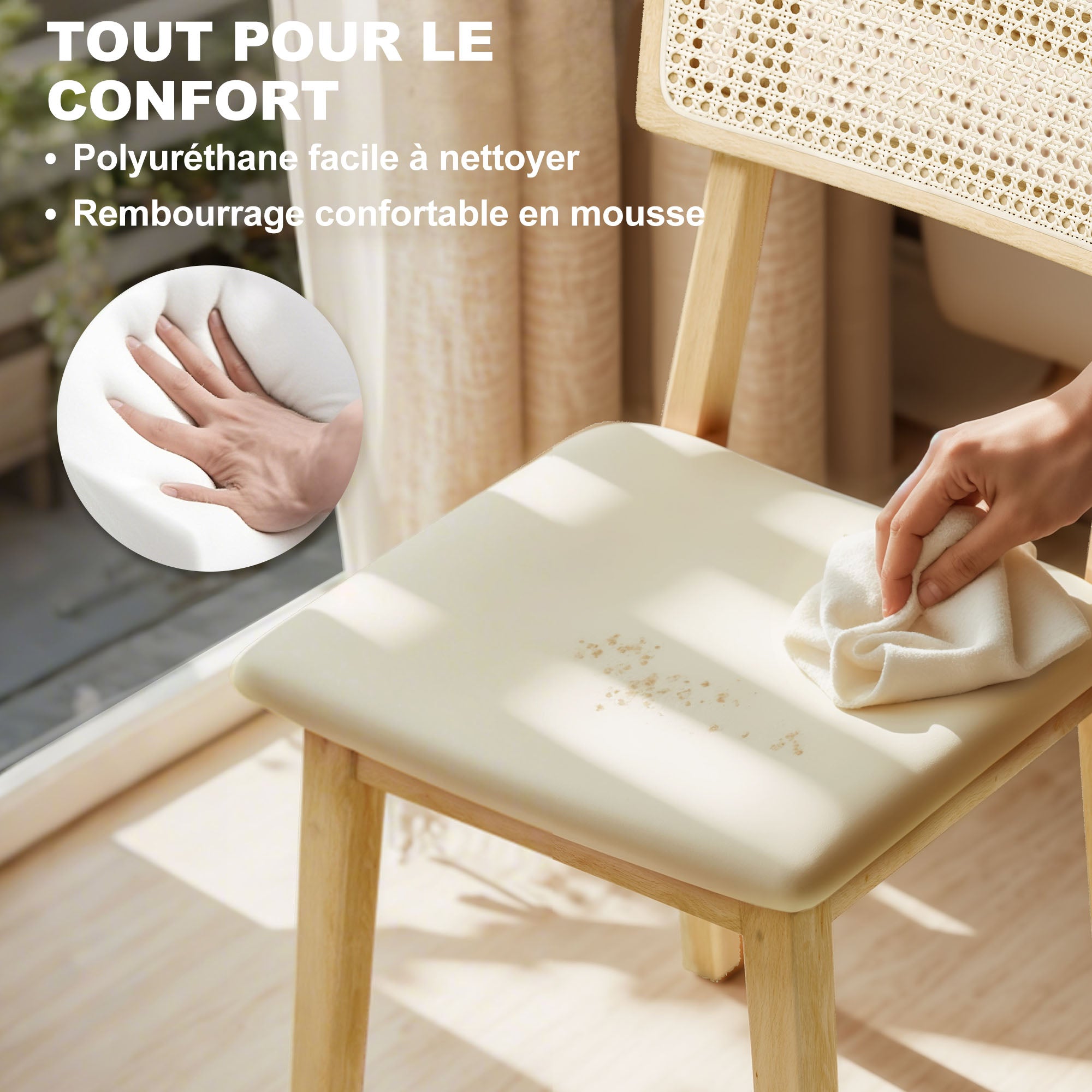 Lot de 2 chaises de salle à manger, chaises de cuisine modernes avec dossier effet rotin, cadre en bois d'hévéa, pour salon, chambre, cuisine, effet bois naturel