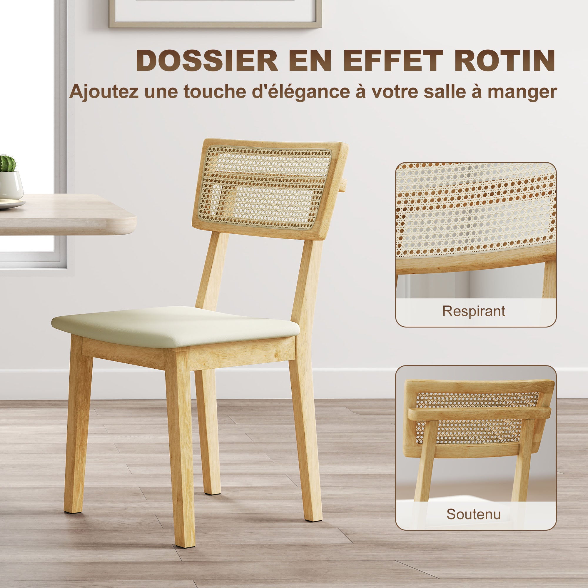 Lot de 2 chaises de salle à manger, chaises de cuisine modernes avec dossier effet rotin, cadre en bois d'hévéa, pour salon, chambre, cuisine, effet bois naturel