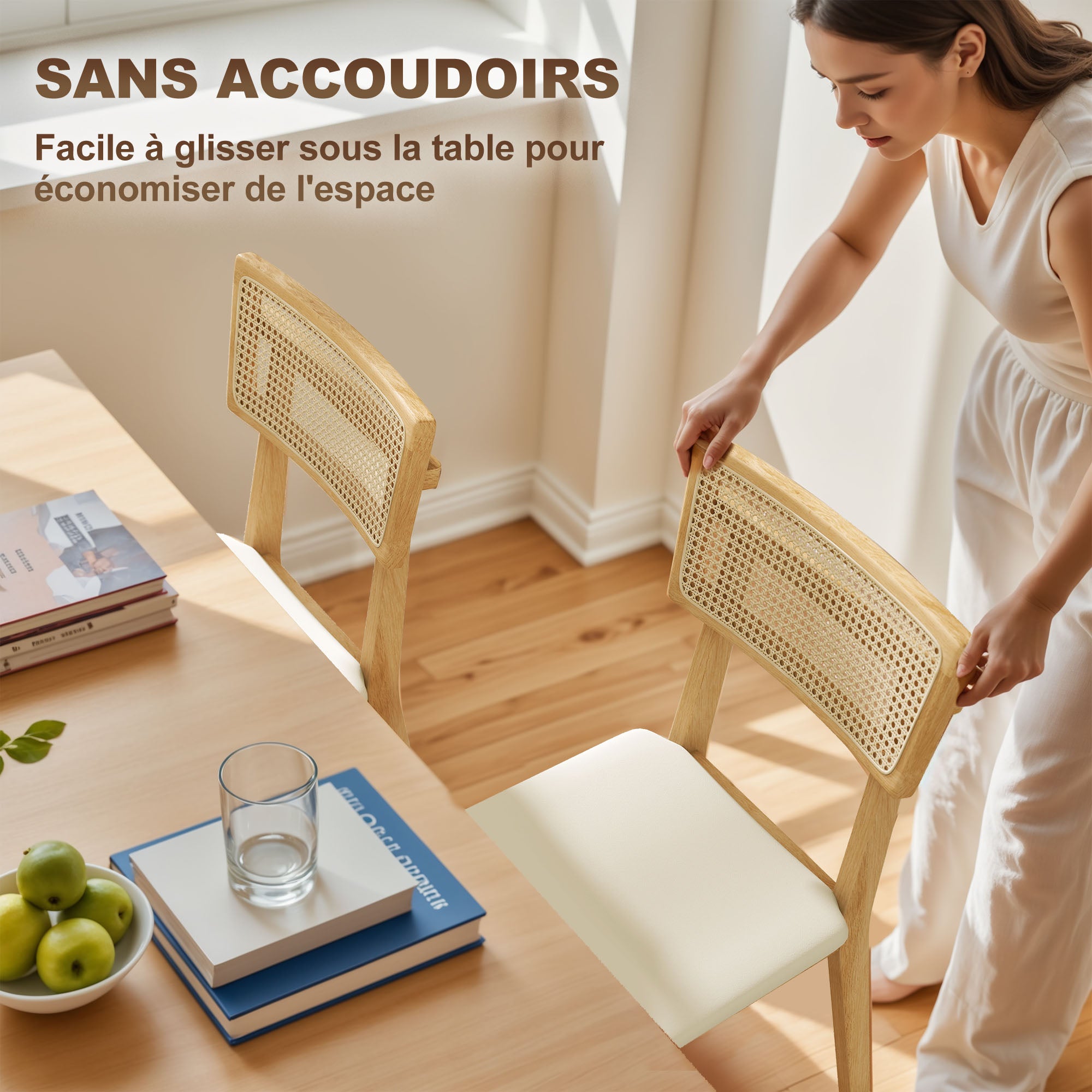 Lot de 2 chaises de salle à manger, chaises de cuisine modernes avec dossier effet rotin, cadre en bois d'hévéa, pour salon, chambre, cuisine, effet bois naturel