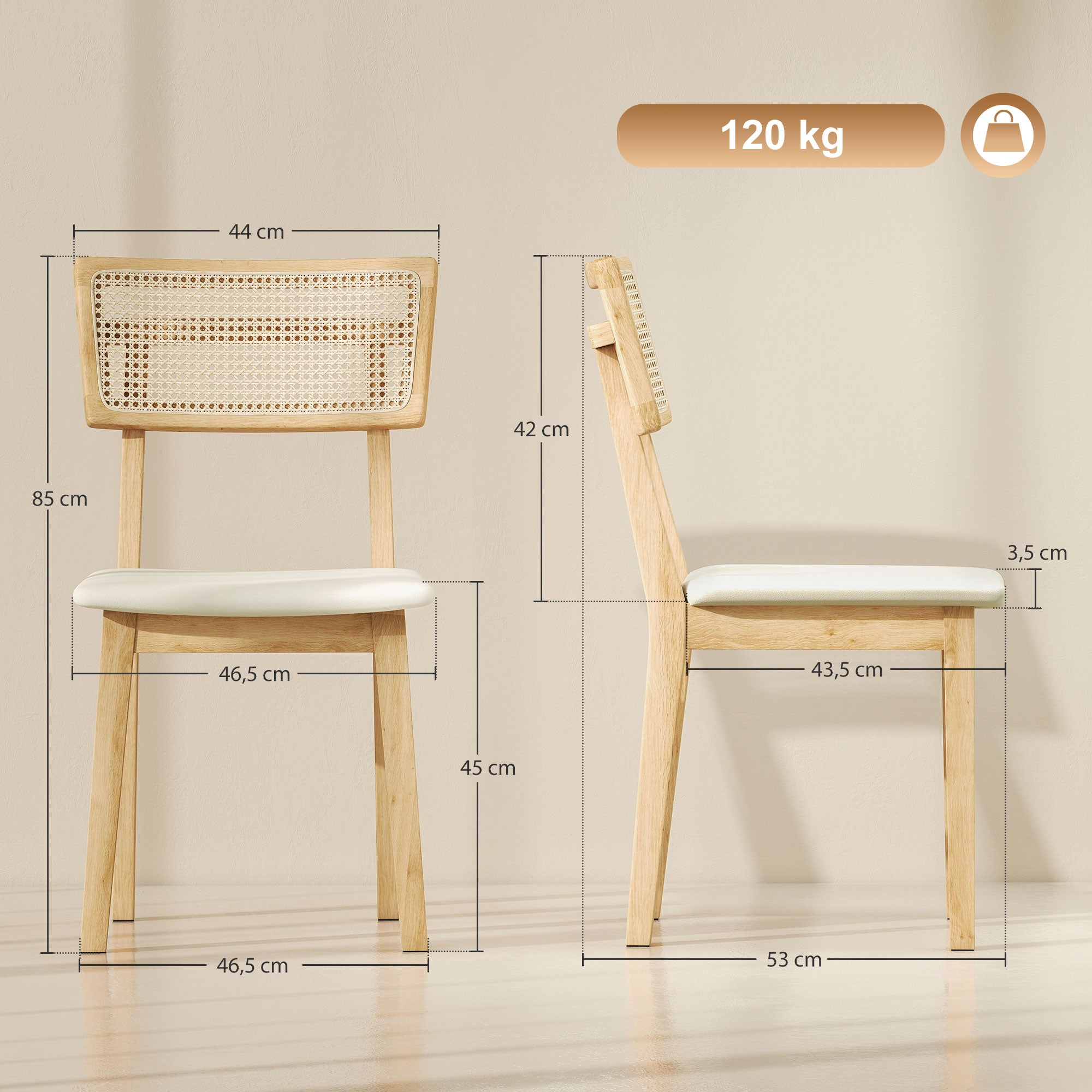 Lot de 2 chaises de salle à manger, chaises de cuisine modernes avec dossier effet rotin, cadre en bois d'hévéa, pour salon, chambre, cuisine, effet bois naturel