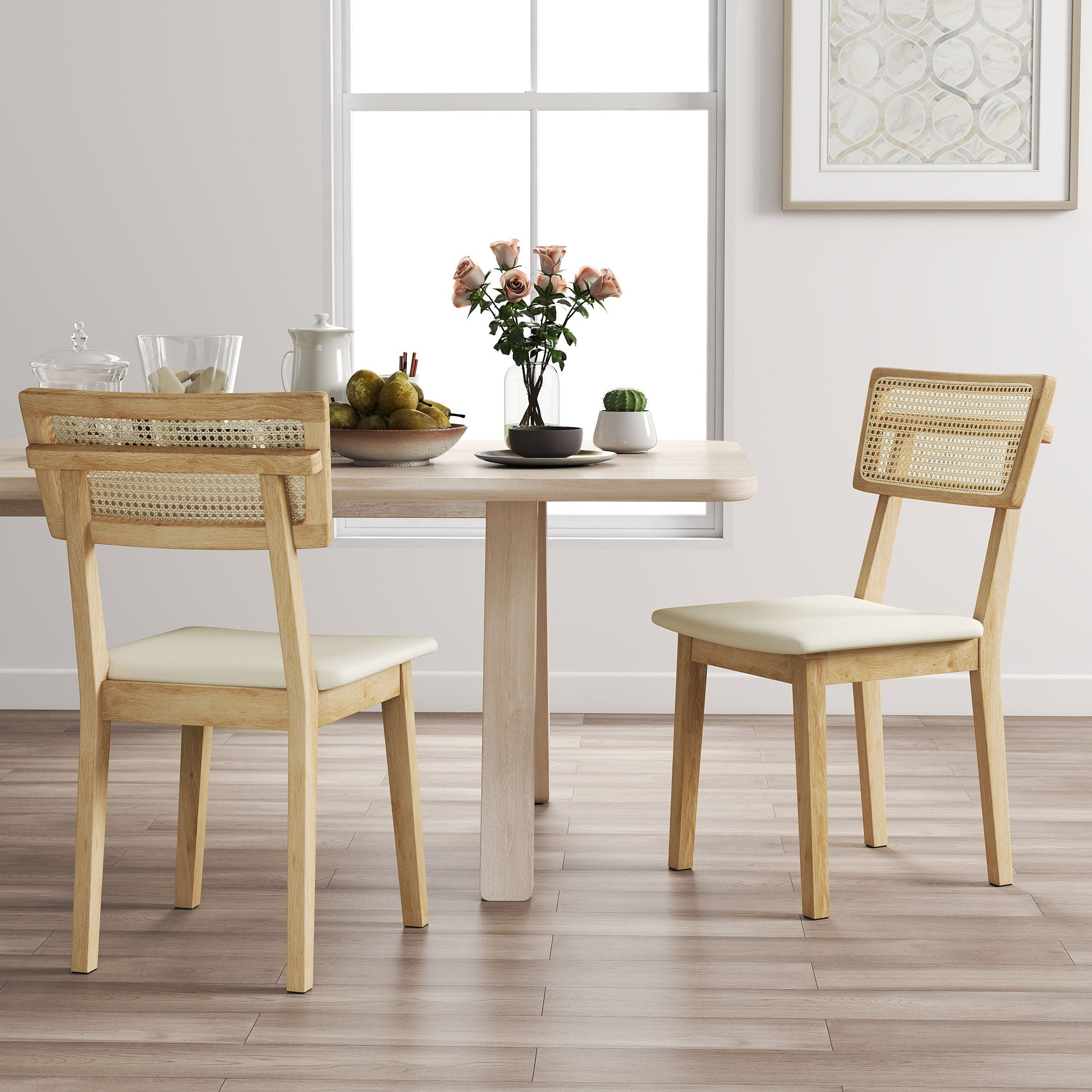 Lot de 2 chaises de salle à manger, chaises de cuisine modernes avec dossier effet rotin, cadre en bois d'hévéa, pour salon, chambre, cuisine, effet bois naturel