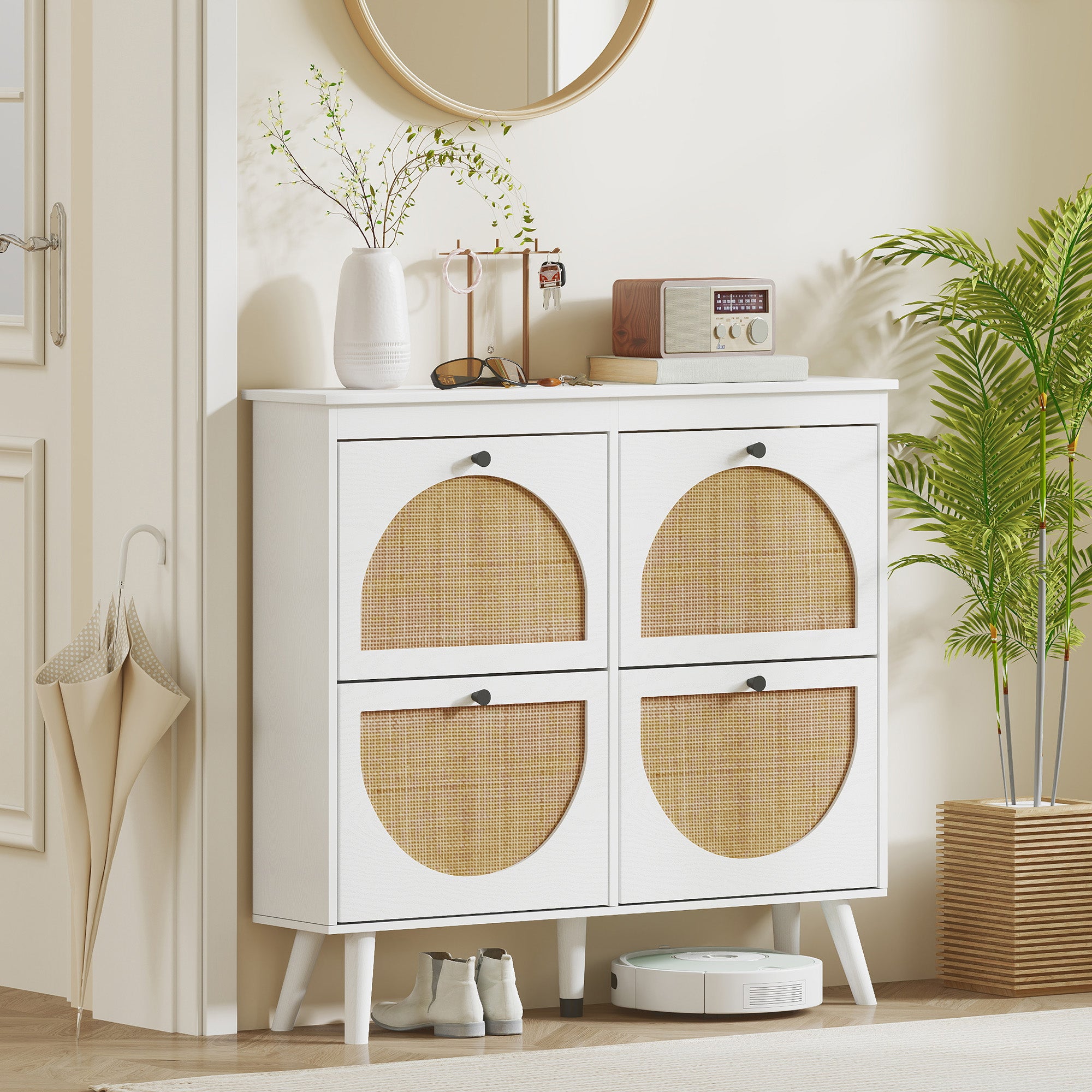 Meuble à chaussures armoire à chaussures 4 abattants 20 paires avec étagère réglable style bohème pieds en bois massif 105 x 24 x 97,5 cm blanc