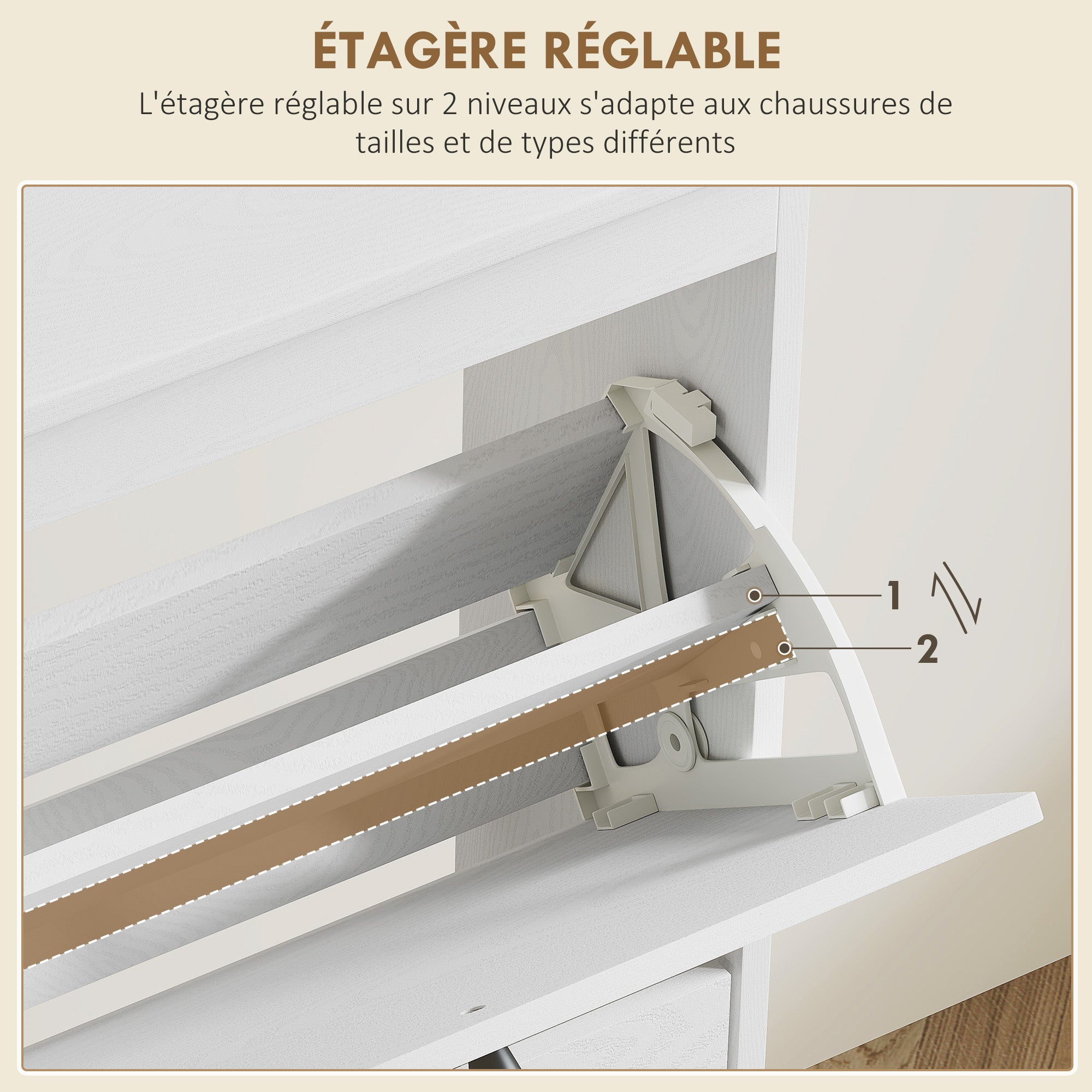 Meuble à chaussures armoire à chaussures 4 abattants 20 paires avec étagère réglable style bohème pieds en bois massif 105 x 24 x 97,5 cm blanc