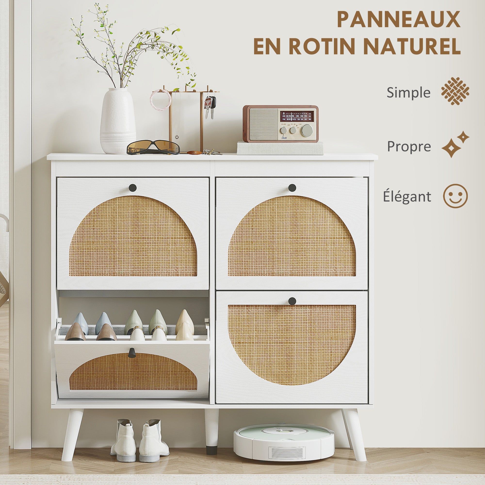 Meuble à chaussures armoire à chaussures 4 abattants 20 paires avec étagère réglable style bohème pieds en bois massif 105 x 24 x 97,5 cm blanc