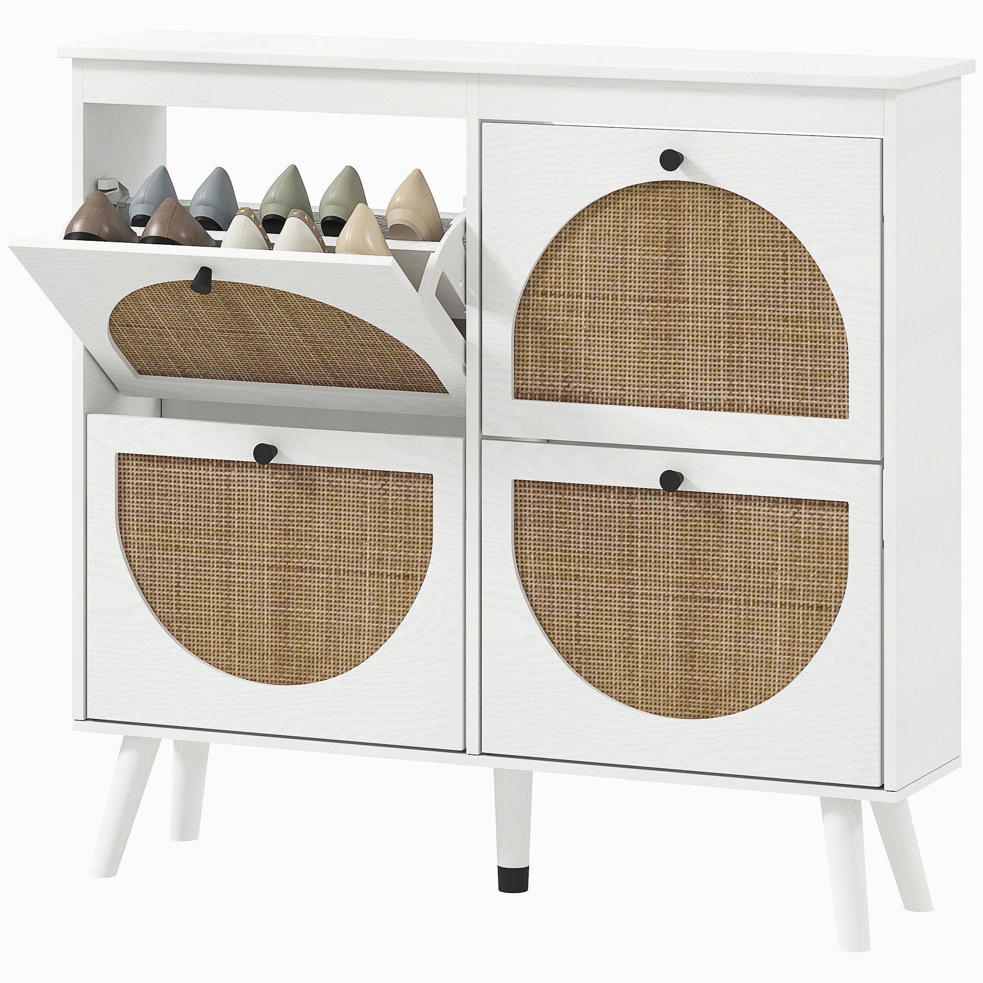 Meuble à chaussures armoire à chaussures 4 abattants 20 paires avec étagère réglable style bohème pieds en bois massif 105 x 24 x 97,5 cm blanc