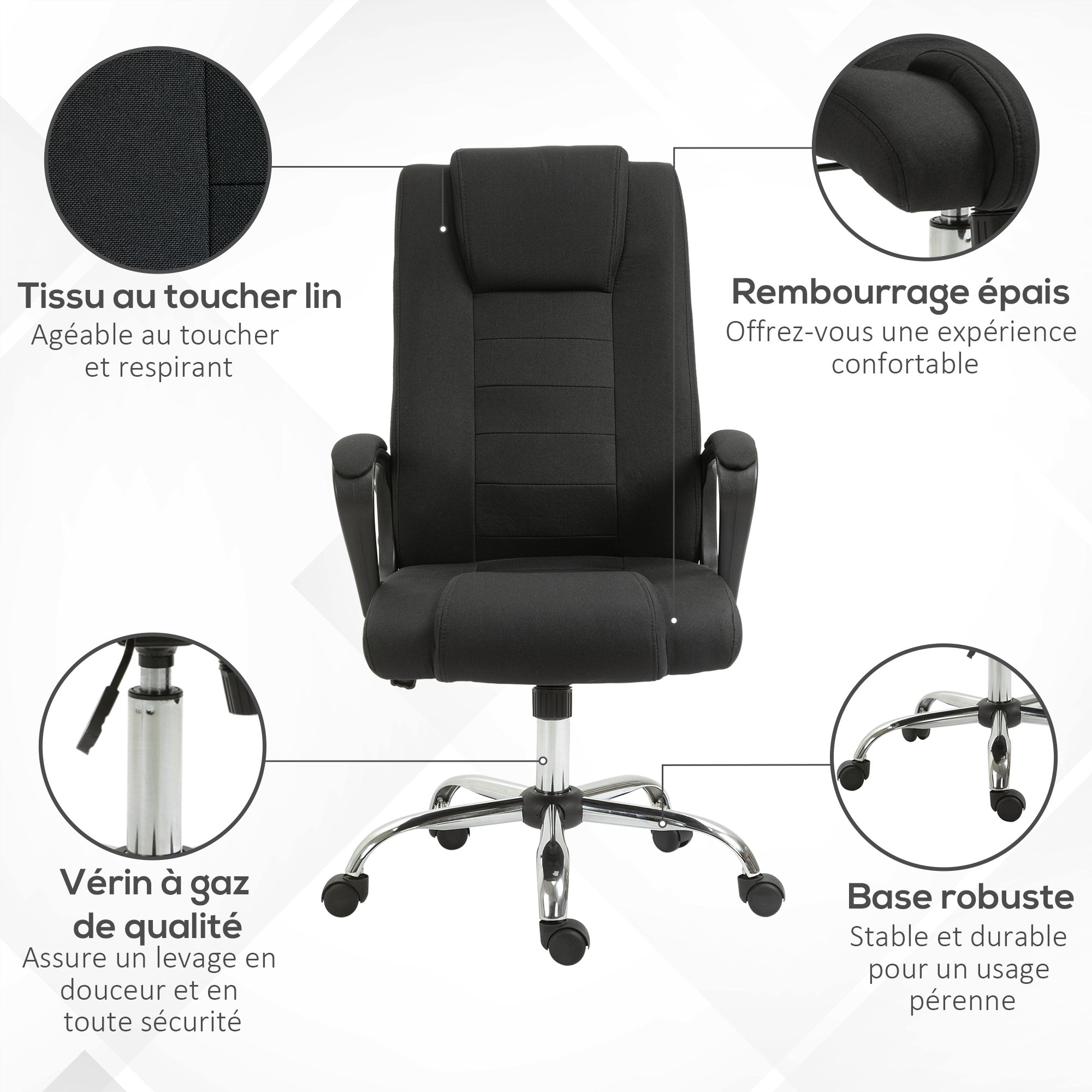HOMCOM Fauteuil de bureau à roulettes chaise manager ergonomique pivotante hauteur réglable lin noir