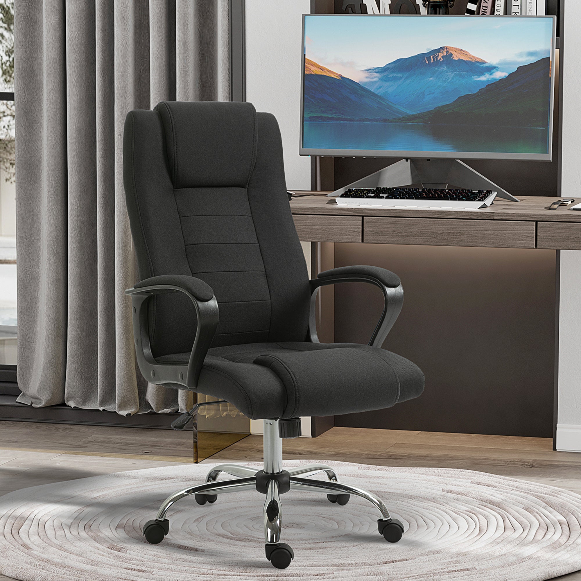 HOMCOM Fauteuil de bureau à roulettes chaise manager ergonomique pivotante hauteur réglable lin noir