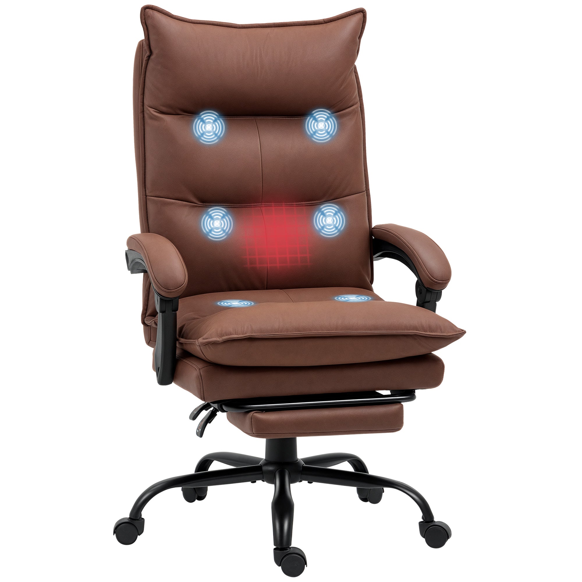 Fauteuil de bureau massant et chauffant, chaise de bureau, chaise ergonomique avec hauteur réglable, dossier inclinable et télécommande filaire, pivotant à 360°, tissu en microfibre, marron