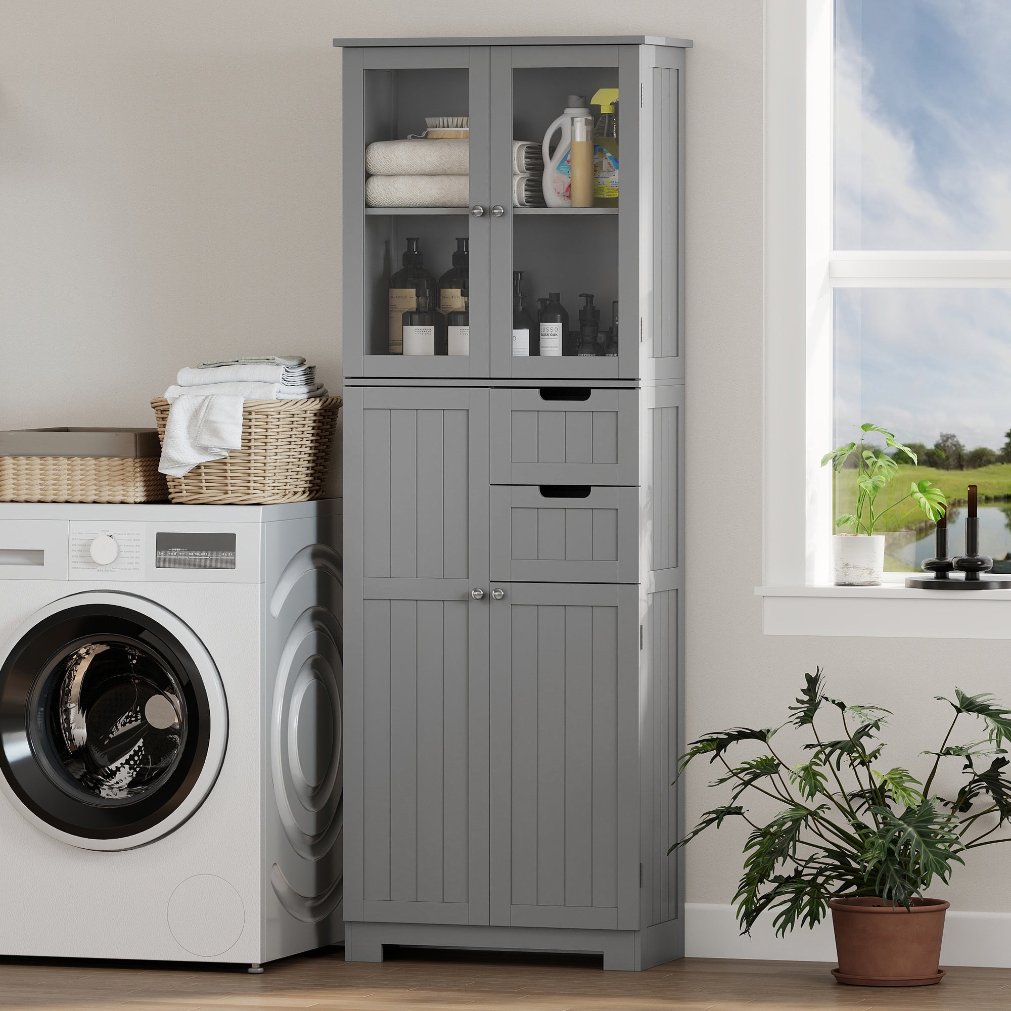 Meuble de salle de bain haut, meuble de rangement, colonne salle de bain avec 4 portes dont 2 vitrées, 2 tiroirs et étagères réglables, style moderne, pour salon, chambre, 60x30x170cm, blanc