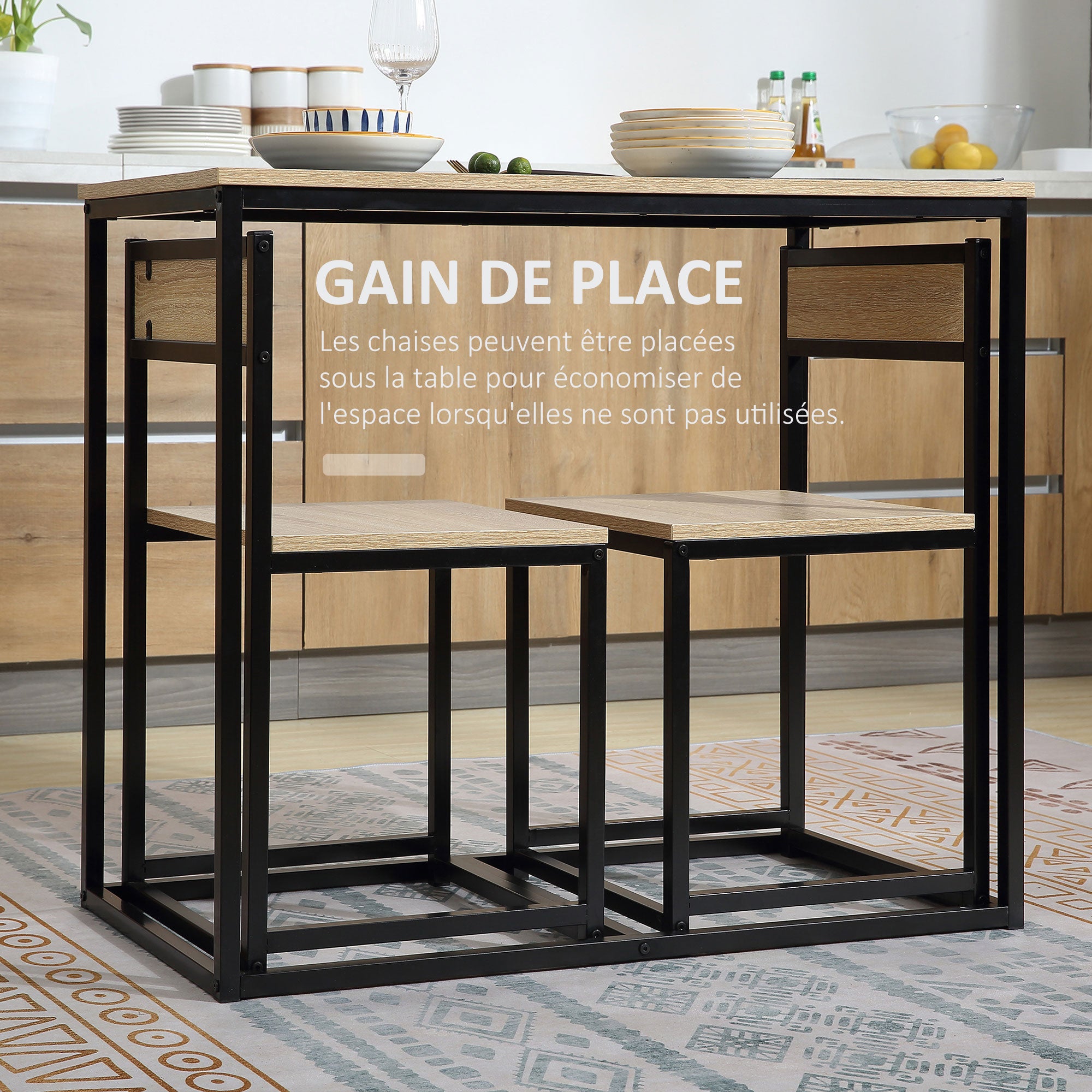 Ensemble Table et chaises de Salle à manger Set de 1 Table + 2 chaises encastrables pour Cuisine - métal Noir Aspect chêne Clair