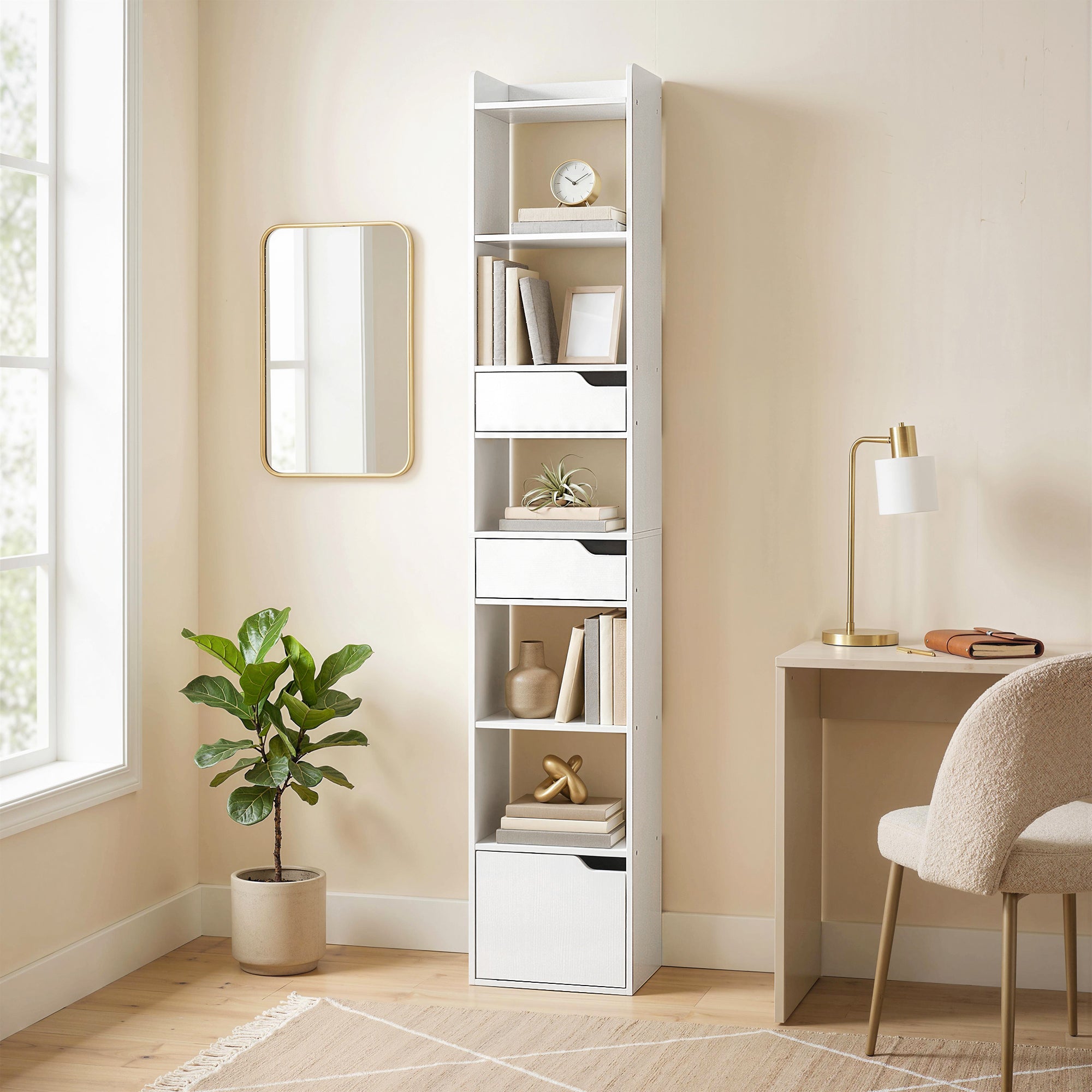 Bibliothèque étagère de rangement, étagère à livres étroite 32 x 24 x 181,5 cm avec porte, 2 tiroirs, compartiments ouverts, meuble de rangement pour salon, chambre, bureau, blanc