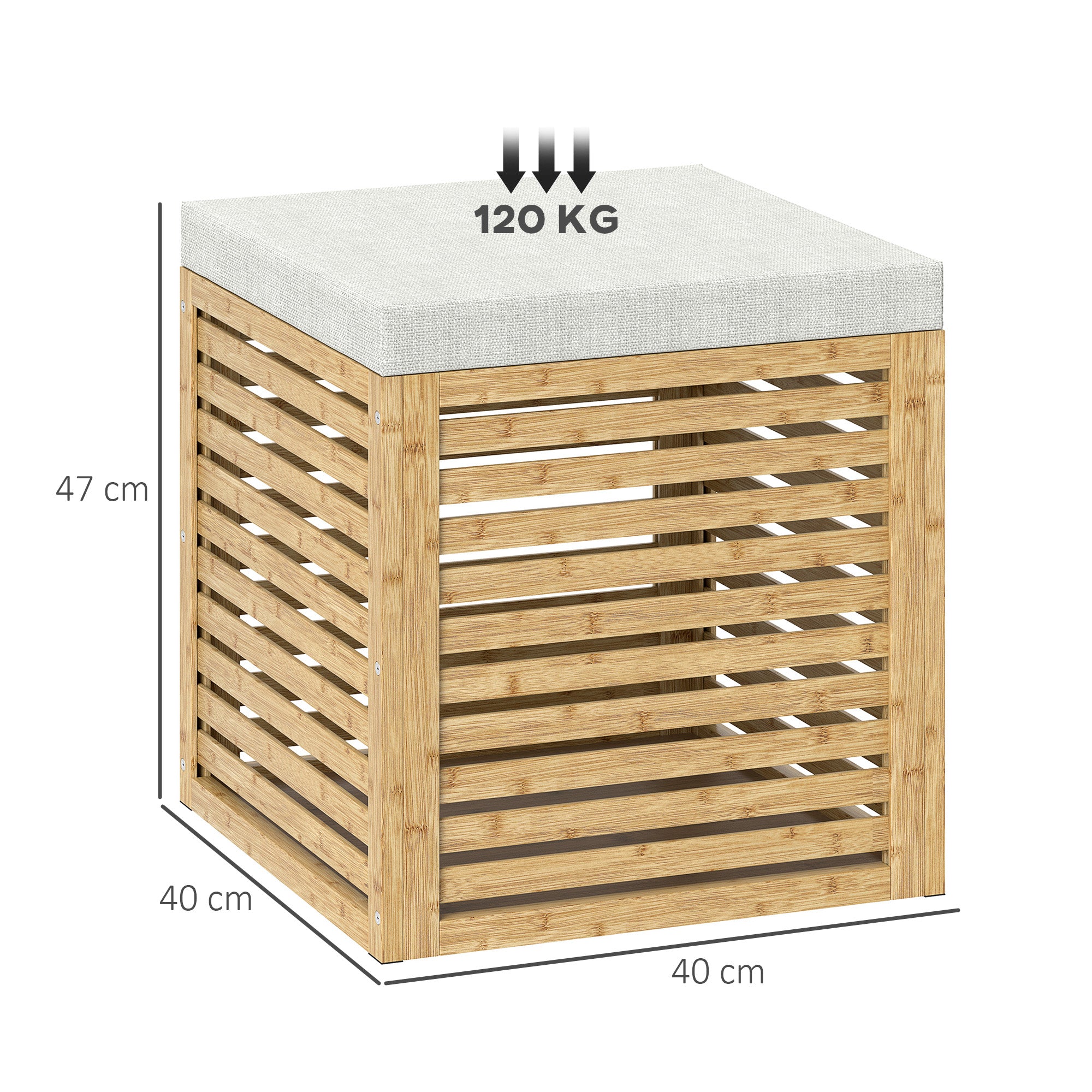 Coffre de rangement, tabouret de rangement de 54.76 L, design lamellé, cadre en bambou naturel, charge jusqu'à 120 kg, 40 x 40 x 47 cm, bois naturel