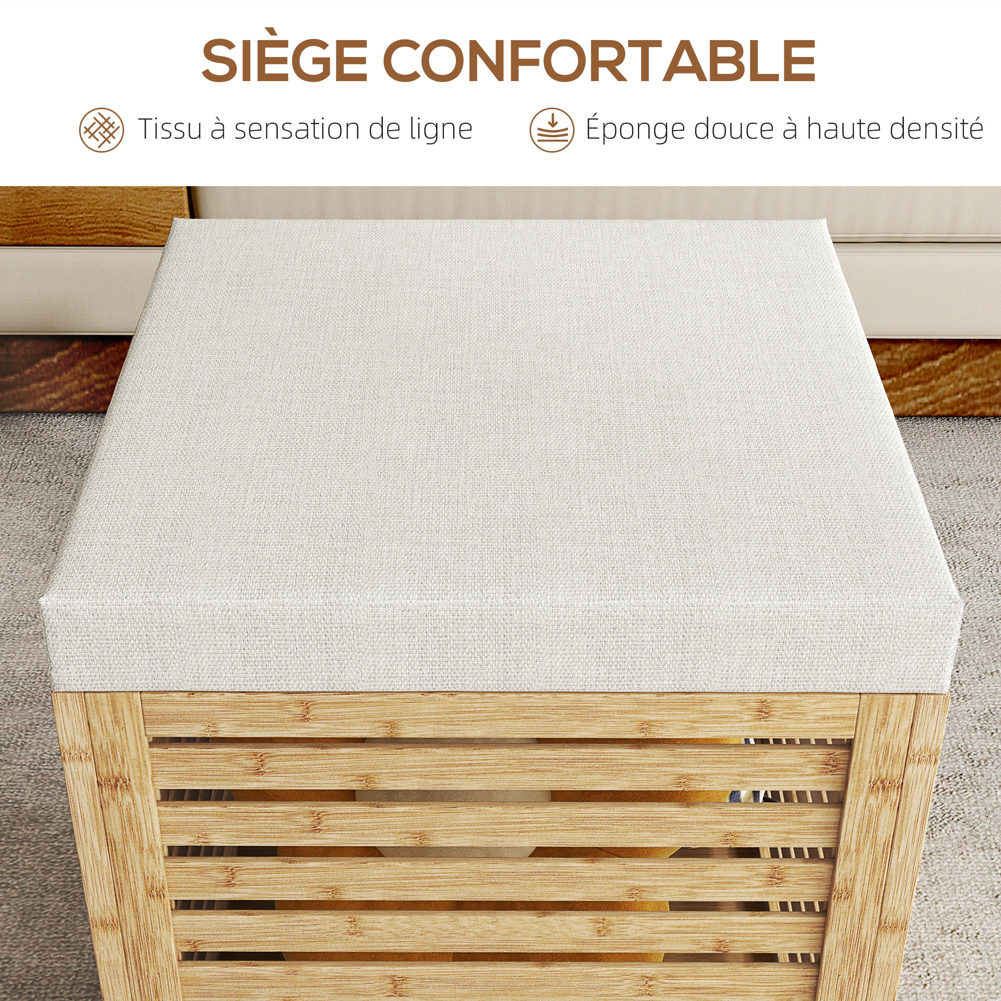 Coffre de rangement, tabouret de rangement de 54.76 L, design lamellé, cadre en bambou naturel, charge jusqu'à 120 kg, 40 x 40 x 47 cm, bois naturel