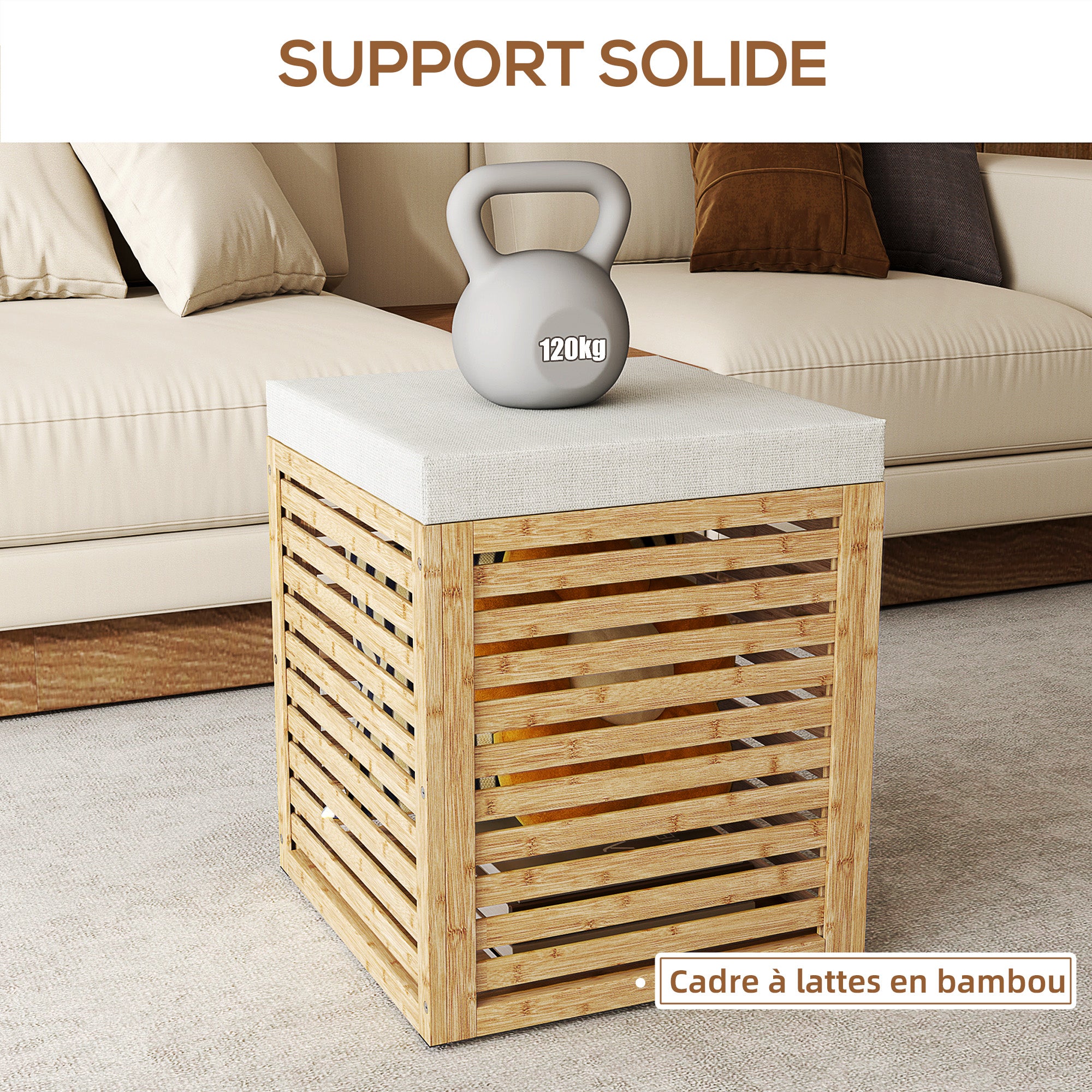 Coffre de rangement, tabouret de rangement de 54.76 L, design lamellé, cadre en bambou naturel, charge jusqu'à 120 kg, 40 x 40 x 47 cm, bois naturel