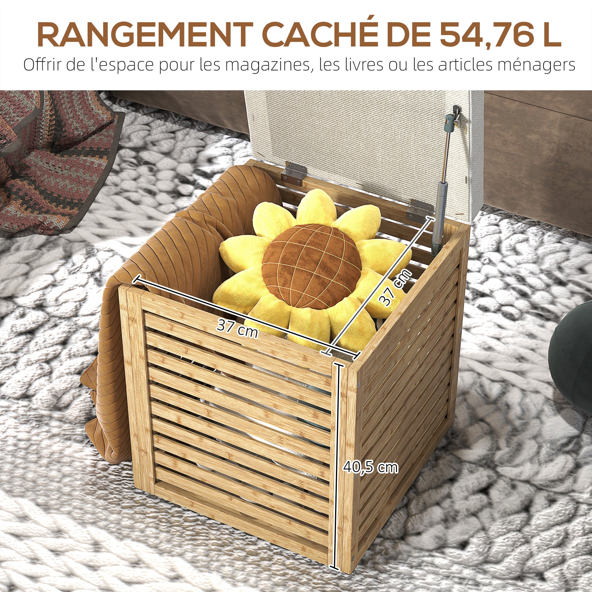 Coffre de rangement, tabouret de rangement de 54.76 L, design lamellé, cadre en bambou naturel, charge jusqu'à 120 kg, 40 x 40 x 47 cm, bois naturel