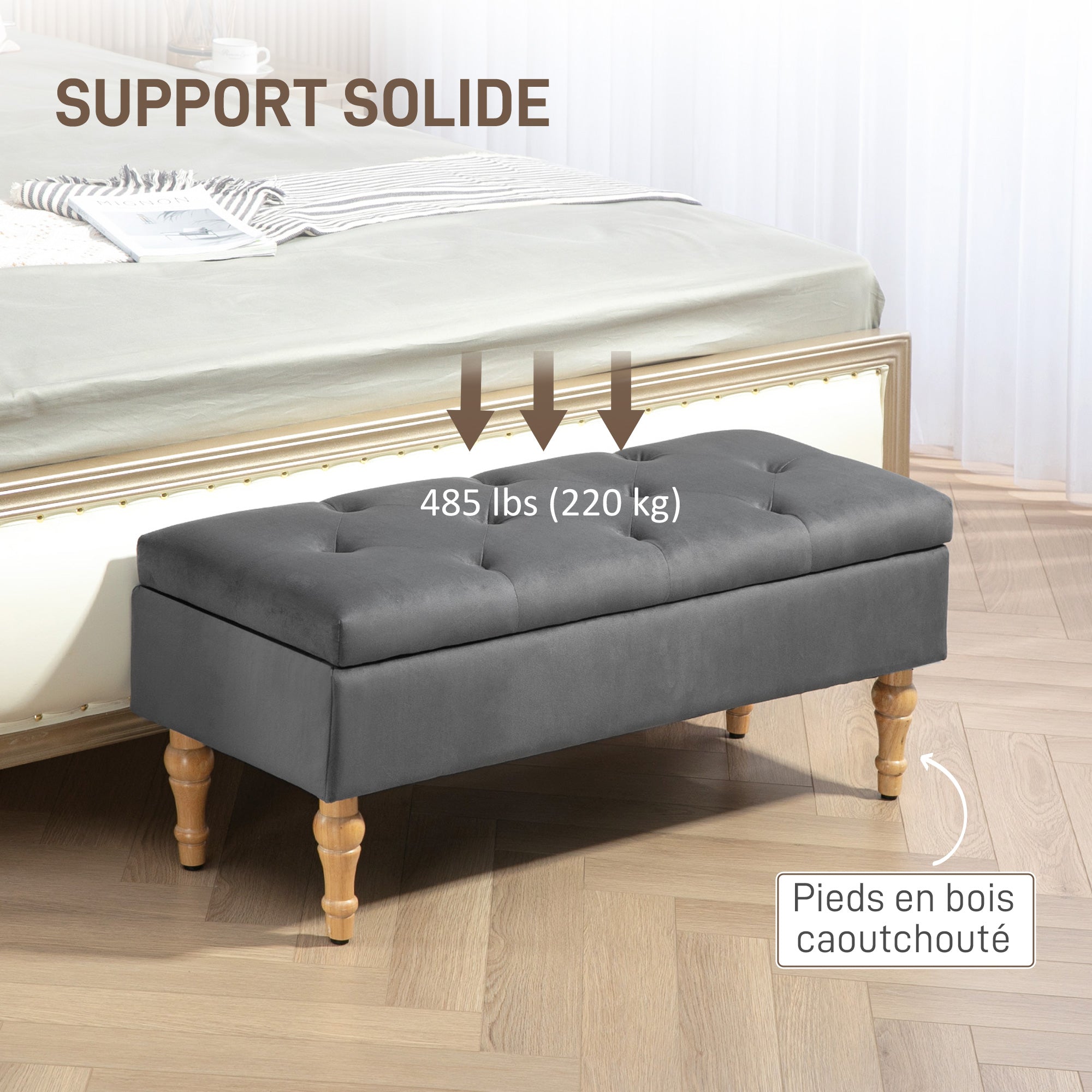 Banc coffre rangement 2 en 1 banquette en velours banc de rangement 38L style médiéval avec couvercle à charnière capitonné et pieds en bois pour couloir, salon, chambre, 102 x 38 x 41 cm, gris