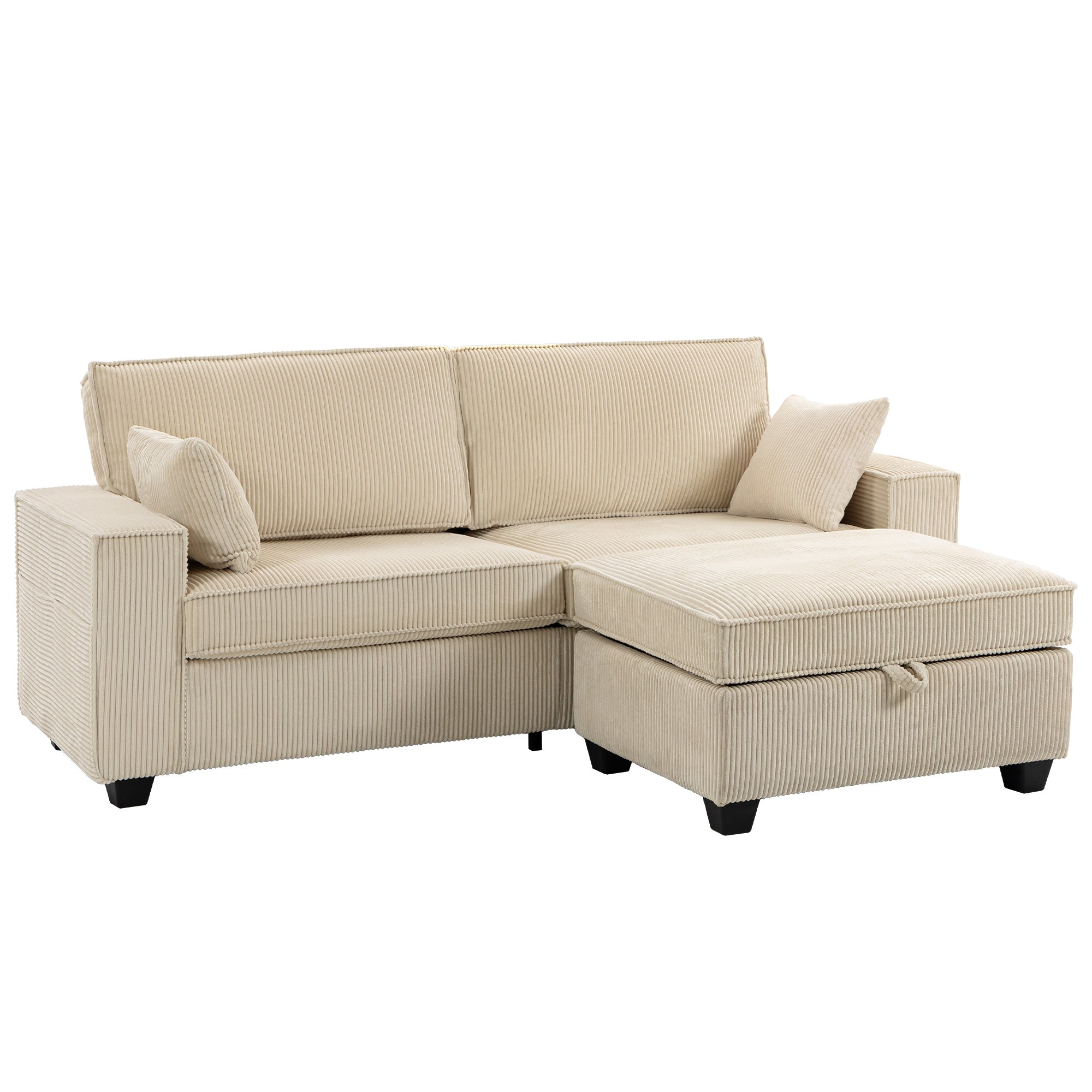 Canapé 3 Places avec Pouf de Rangement, Canapé d'Angle en Velours Côtelé 216 cm, Assise Large, Accoudoirs Larges, 2 Coussins, Coussins à Ressorts, Poches Latérales, pour Salon, Chambre, Beige