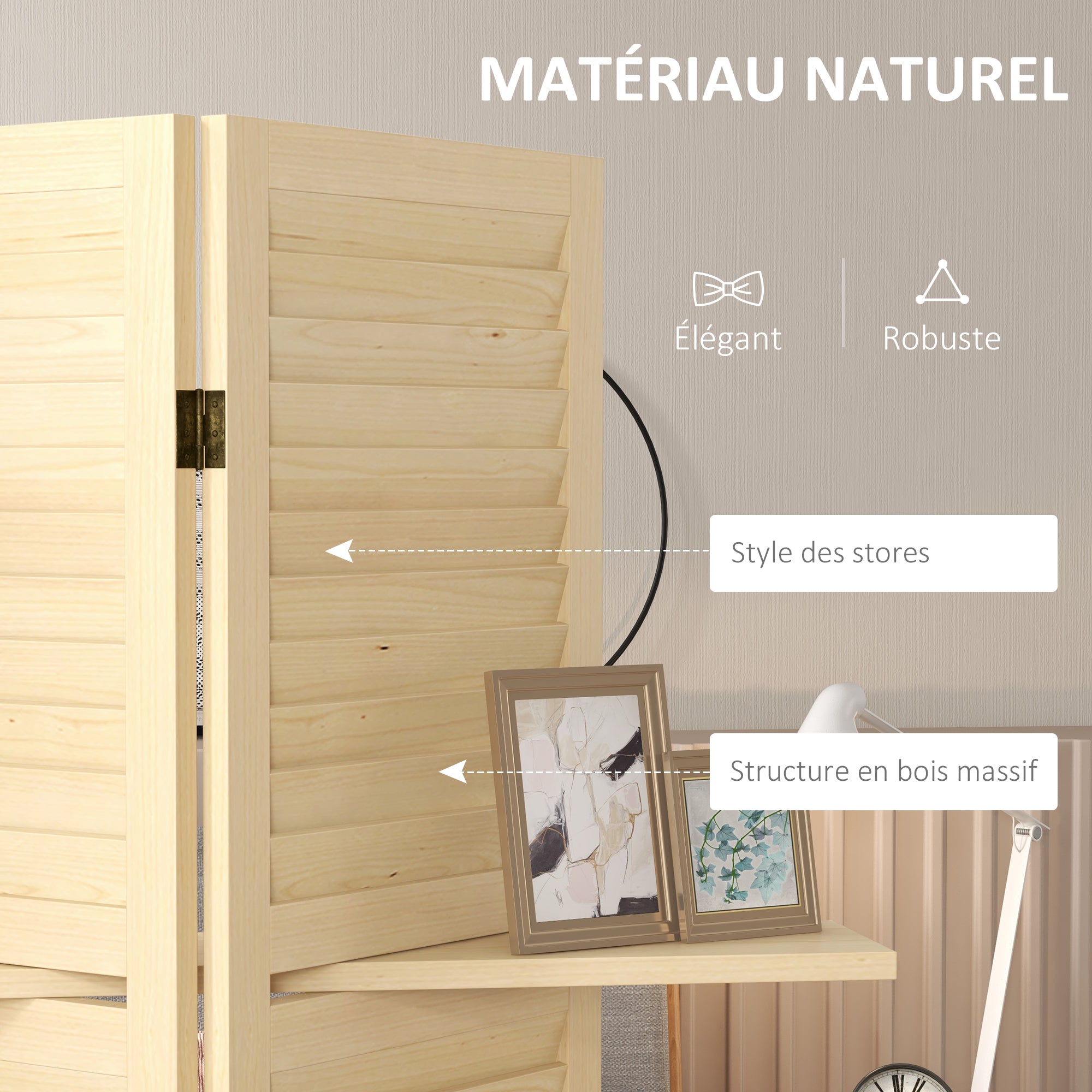 Paravent intérieur en bois 4 panneaux 160 x 170 cm, séparateur de pièce pliable avec 3 étagères, cloison de séparation pour salon, chambre à coucher, maison, naturel