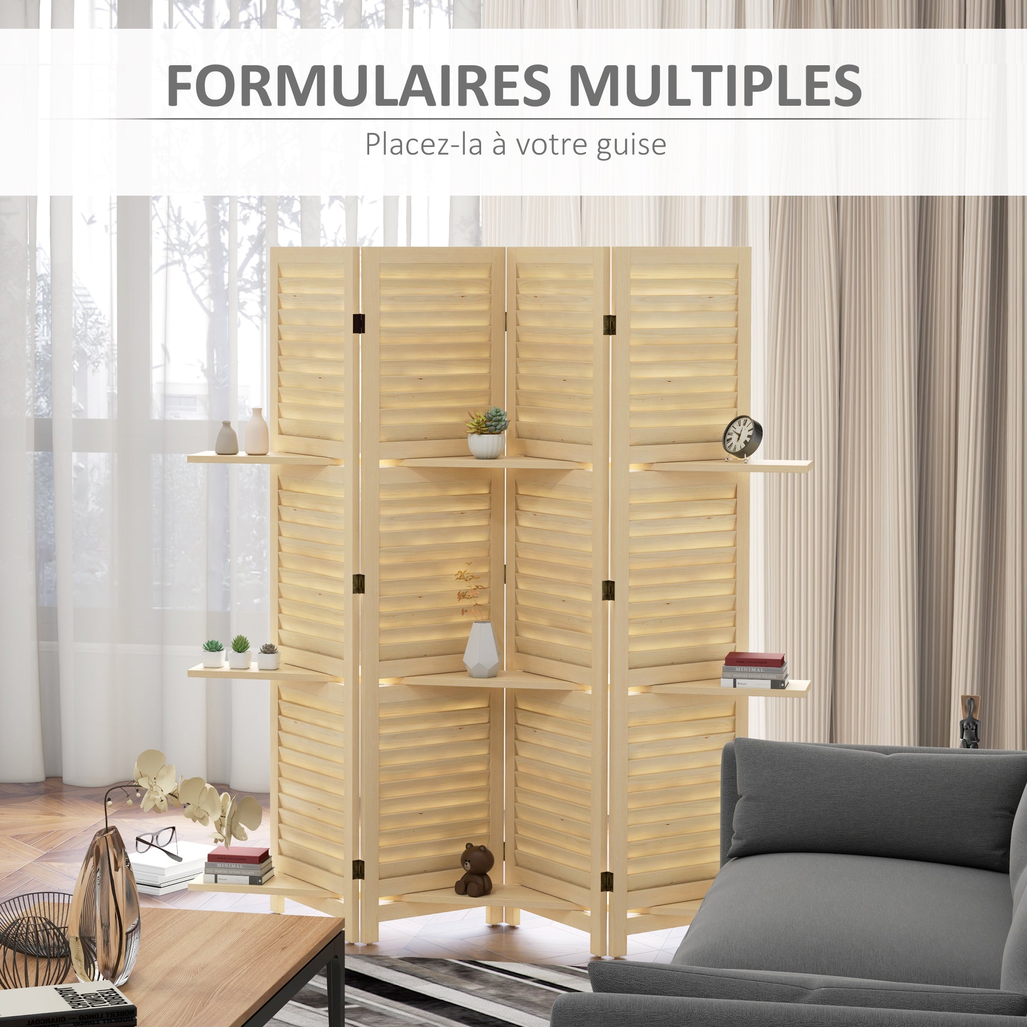 Paravent intérieur en bois 4 panneaux 160 x 170 cm, séparateur de pièce pliable avec 3 étagères, cloison de séparation pour salon, chambre à coucher, maison, naturel