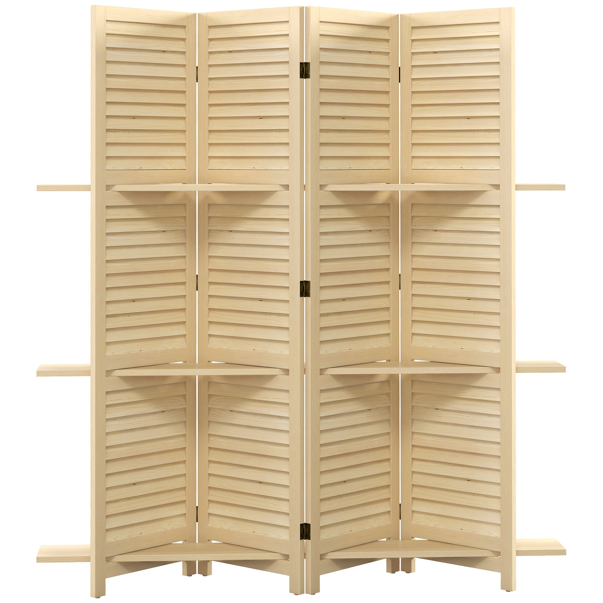 Paravent intérieur en bois 4 panneaux 160 x 170 cm, séparateur de pièce pliable avec 3 étagères, cloison de séparation pour salon, chambre à coucher, maison, naturel