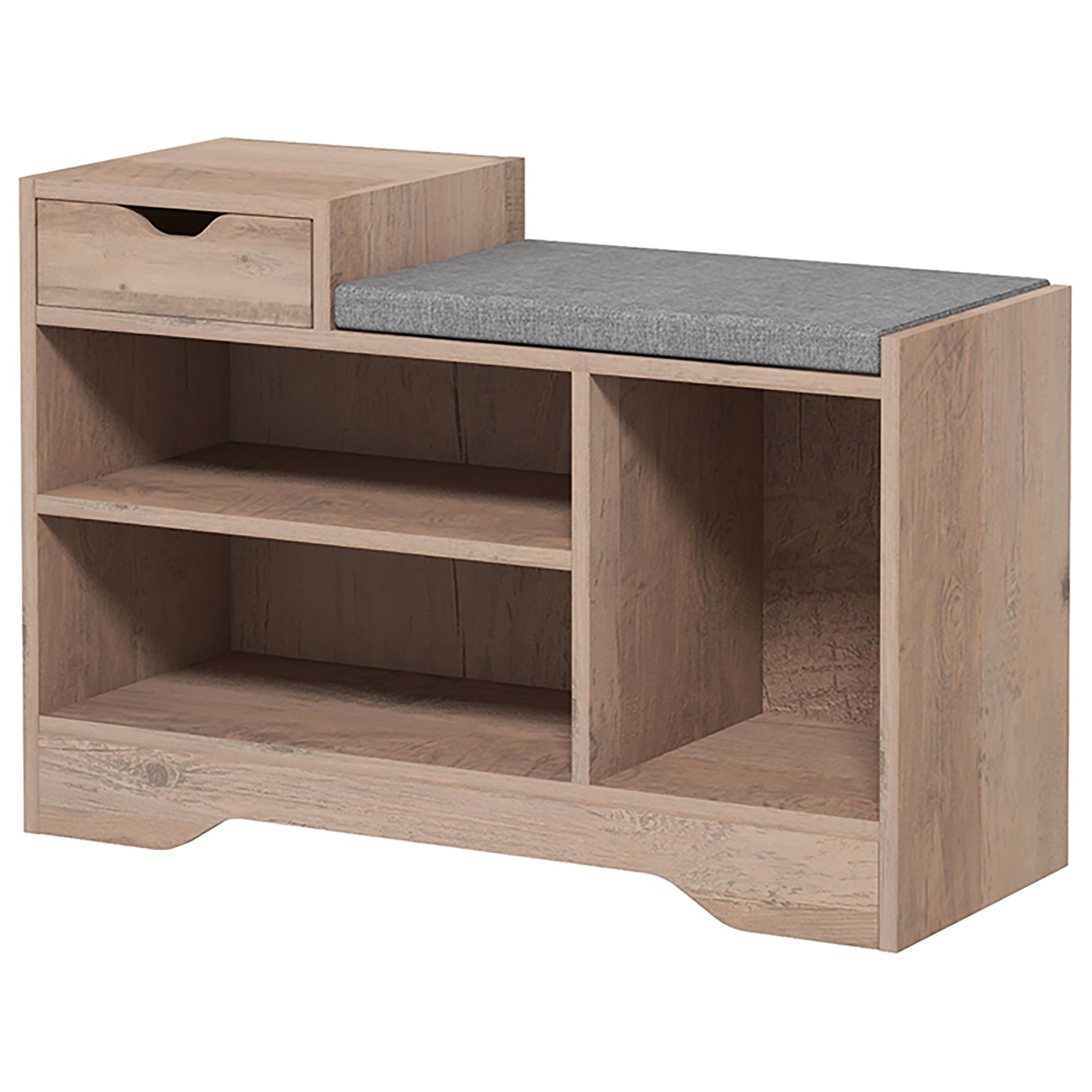 Banc à chaussures, banc de rangement, 1 tiroir et 3 compartiments, meuble d'entrée avec coussin rembourrée, pour couloir, entrée, chambre, 76,5 x 30 x 52 cm, gris effet bois