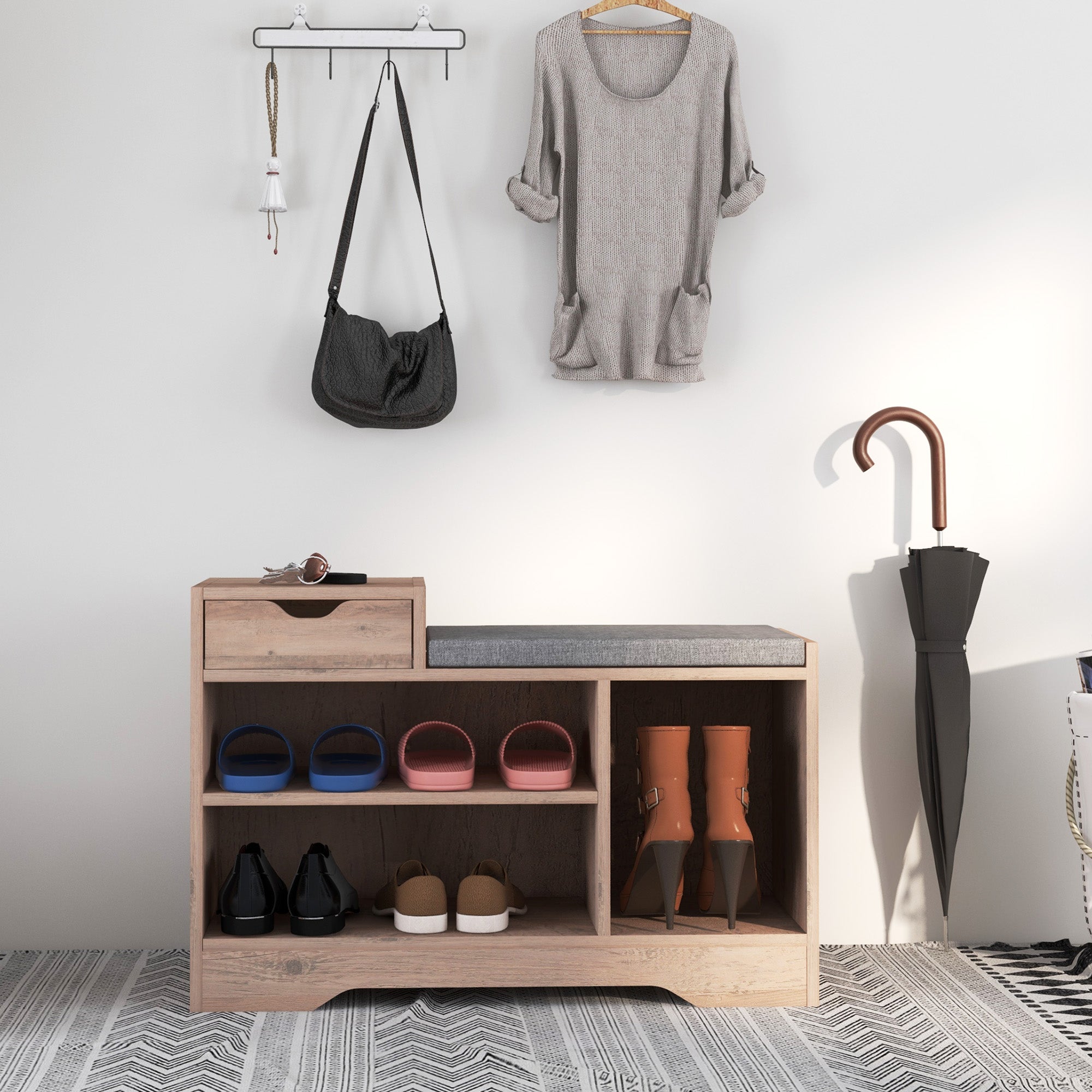 Banc à chaussures, banc de rangement, 1 tiroir et 3 compartiments, meuble d'entrée avec coussin rembourrée, pour couloir, entrée, chambre, 76,5 x 30 x 52 cm, gris effet bois