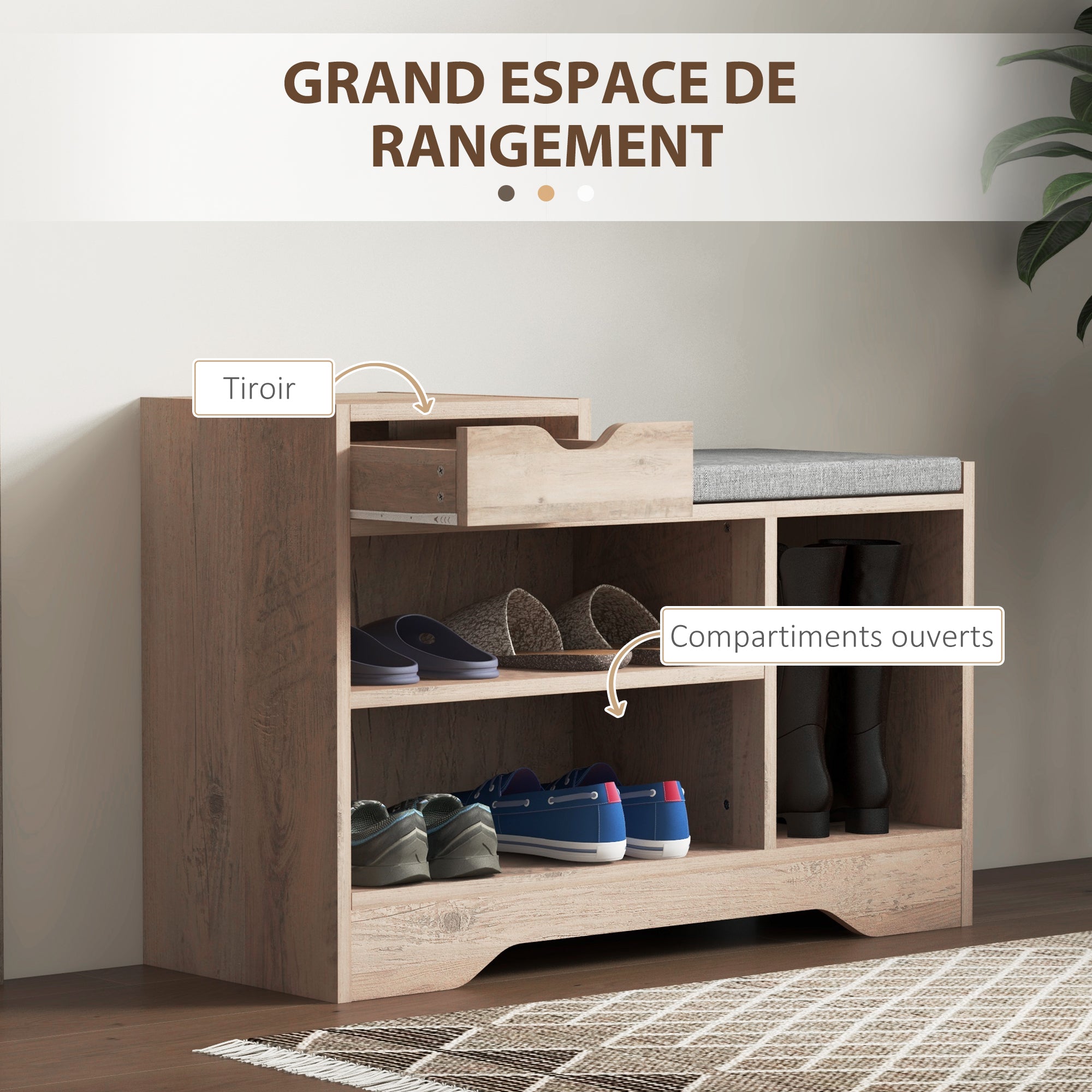 Banc à chaussures, banc de rangement, 1 tiroir et 3 compartiments, meuble d'entrée avec coussin rembourrée, pour couloir, entrée, chambre, 76,5 x 30 x 52 cm, gris effet bois