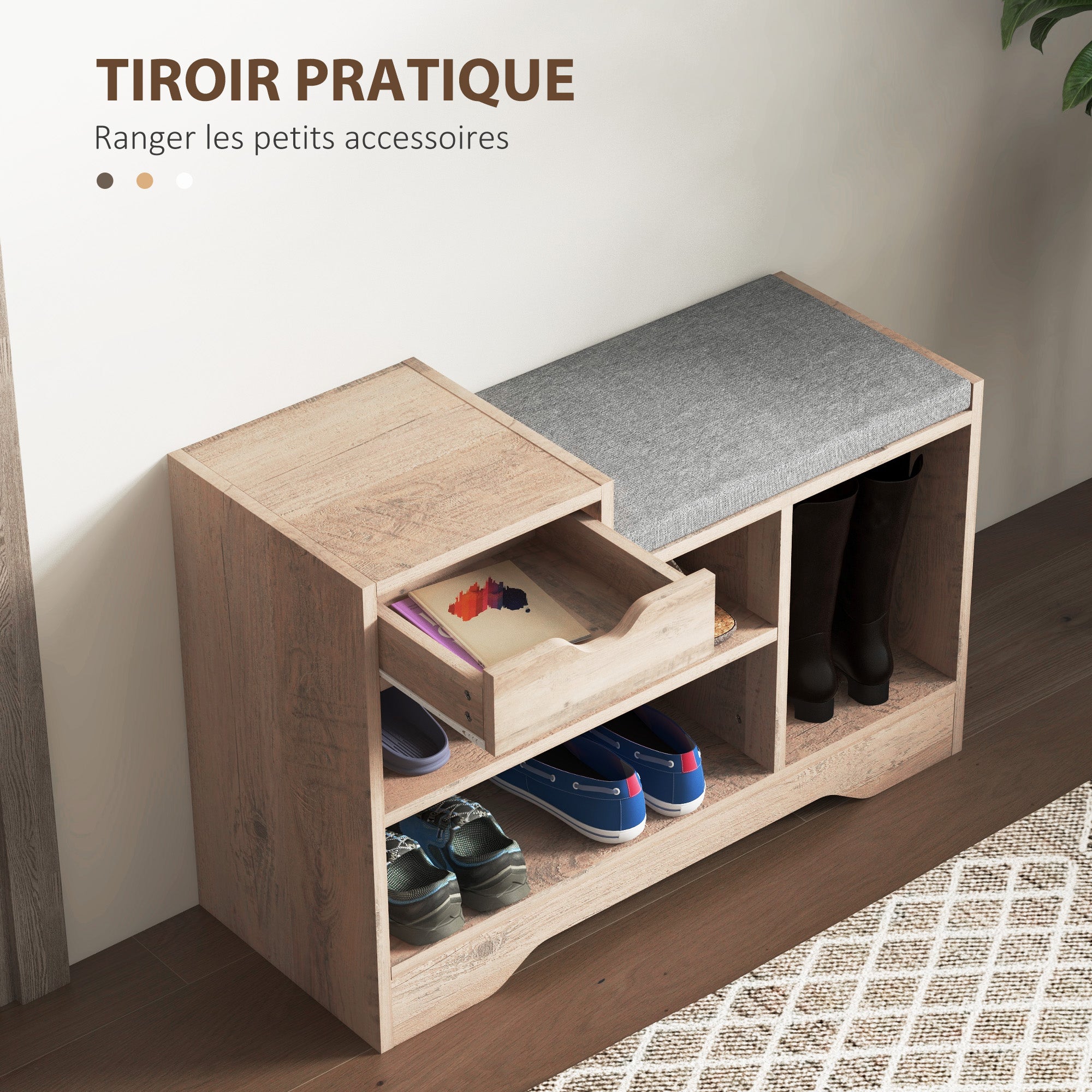 Banc à chaussures, banc de rangement, 1 tiroir et 3 compartiments, meuble d'entrée avec coussin rembourrée, pour couloir, entrée, chambre, 76,5 x 30 x 52 cm, gris effet bois