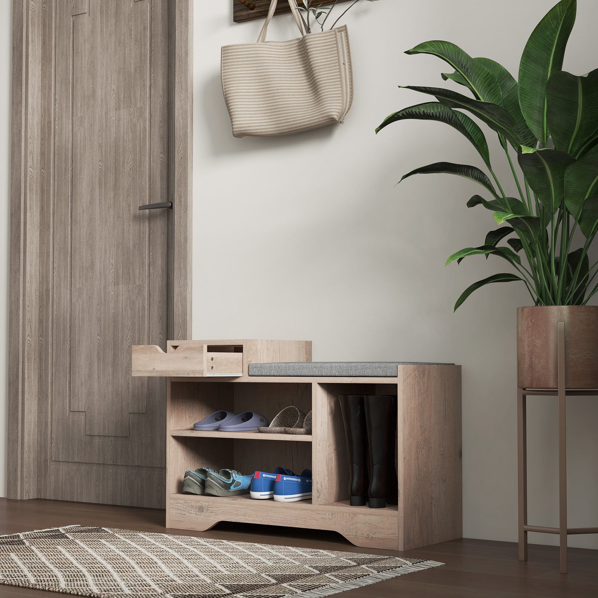 Banc à chaussures, banc de rangement, 1 tiroir et 3 compartiments, meuble d'entrée avec coussin rembourrée, pour couloir, entrée, chambre, 76,5 x 30 x 52 cm, gris effet bois