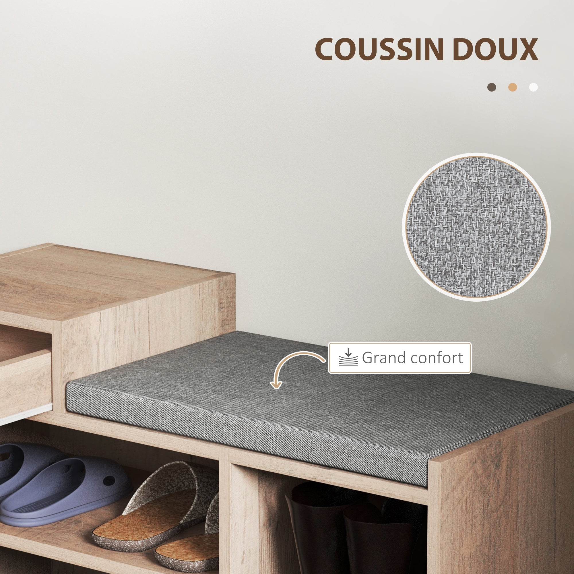 Banc à chaussures, banc de rangement, 1 tiroir et 3 compartiments, meuble d'entrée avec coussin rembourrée, pour couloir, entrée, chambre, 76,5 x 30 x 52 cm, gris effet bois