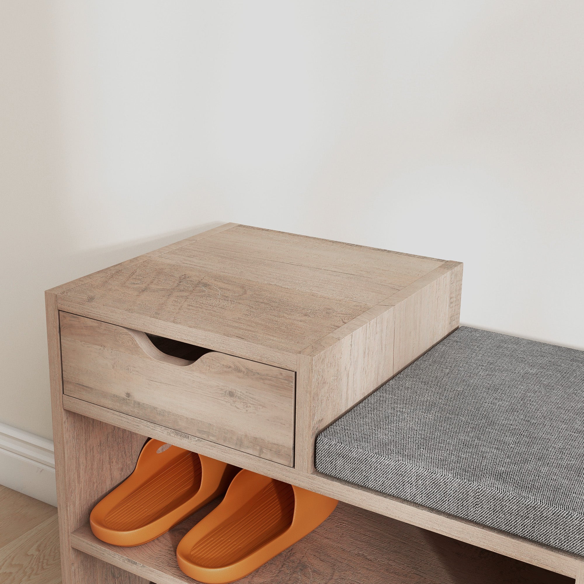 Banc à chaussures, banc de rangement, 1 tiroir et 3 compartiments, meuble d'entrée avec coussin rembourrée, pour couloir, entrée, chambre, 76,5 x 30 x 52 cm, gris effet bois