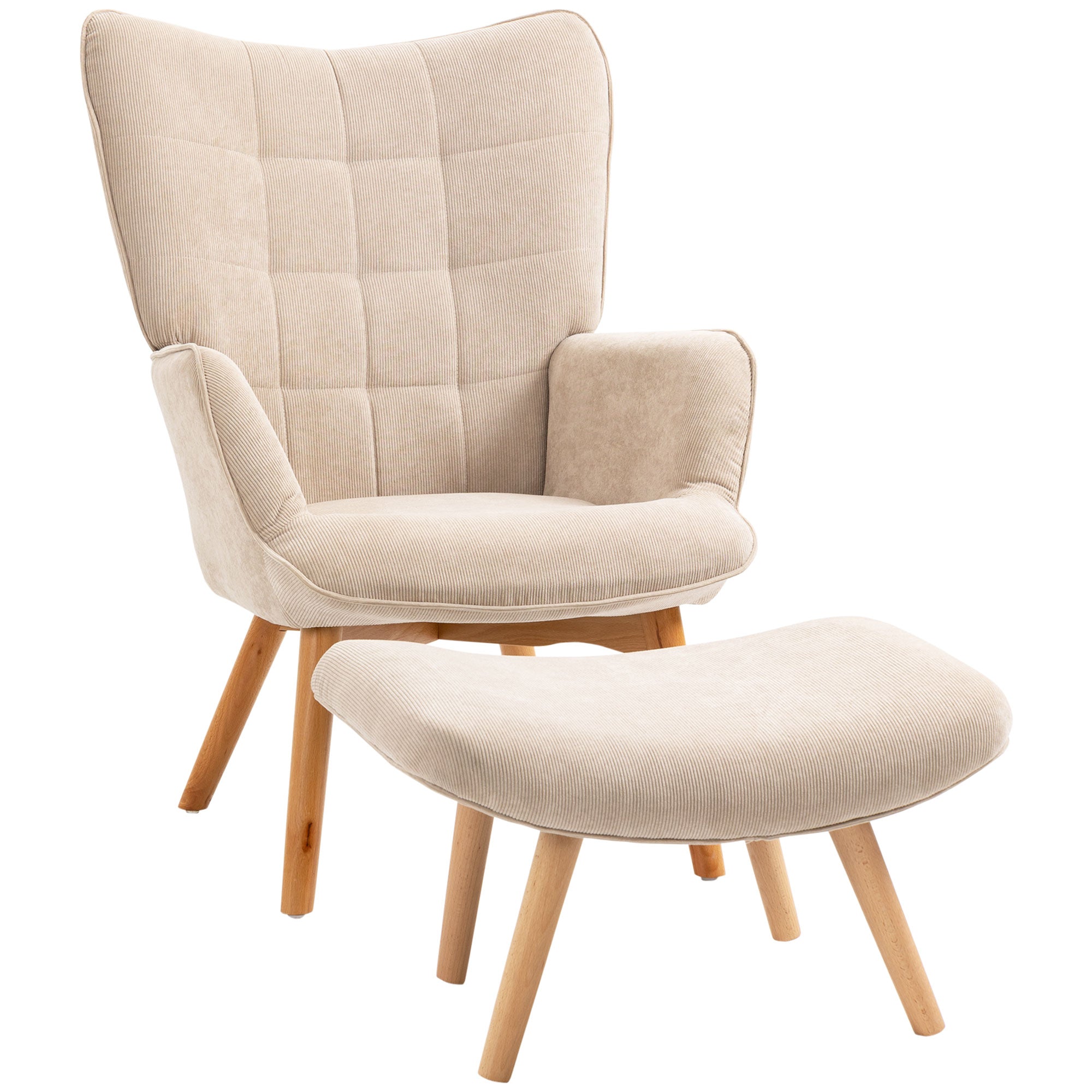 Fauteuil avec repose pied, fauteuil salon avec pieds en bois, dossier haut et tissu aspect velours côtelé, pour salon chambre à coucher beige