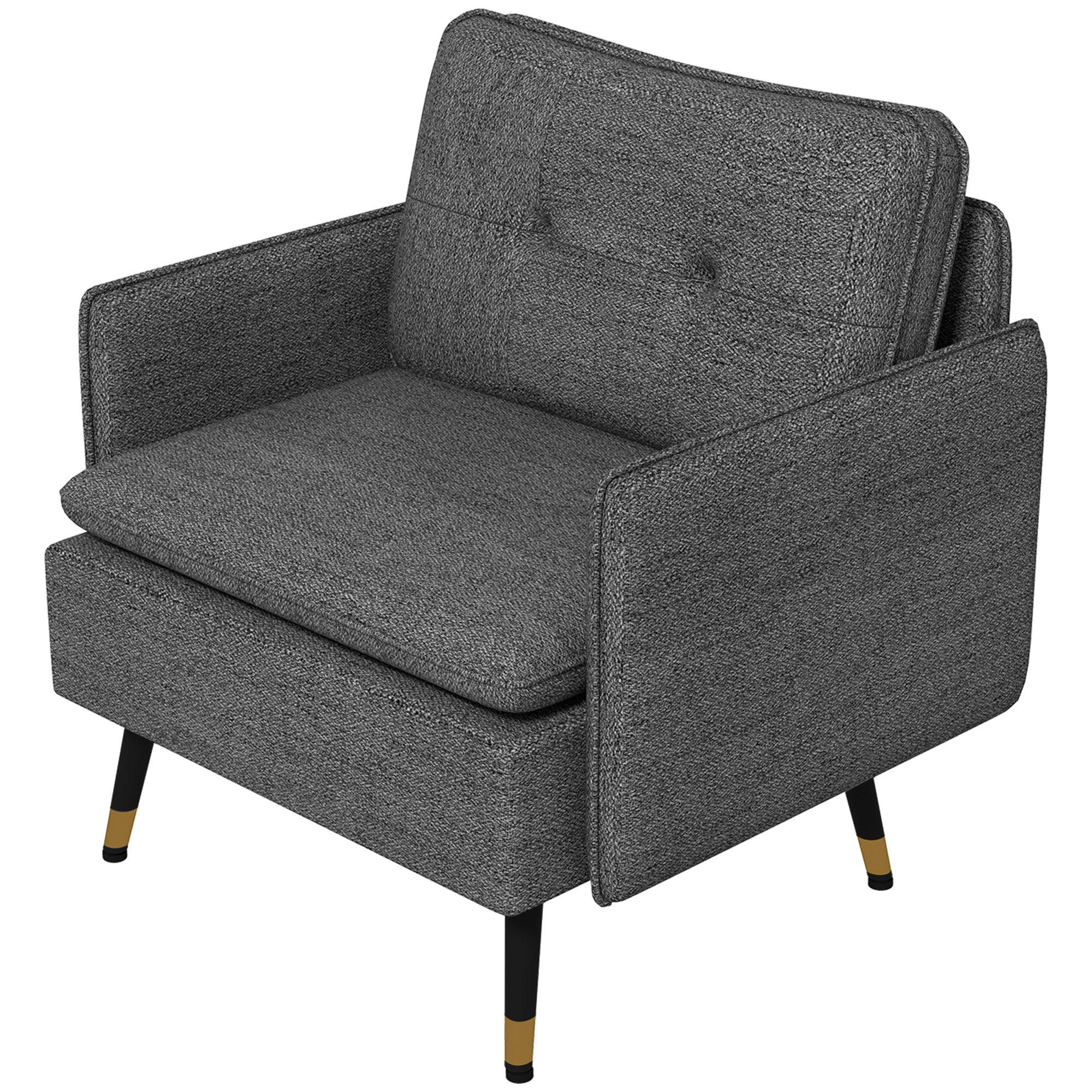 Fauteuil scandinave dossier capitonné avec passepoil en tissu 76 x 68 x 80 cm - gris et pieds en métal noir et doré