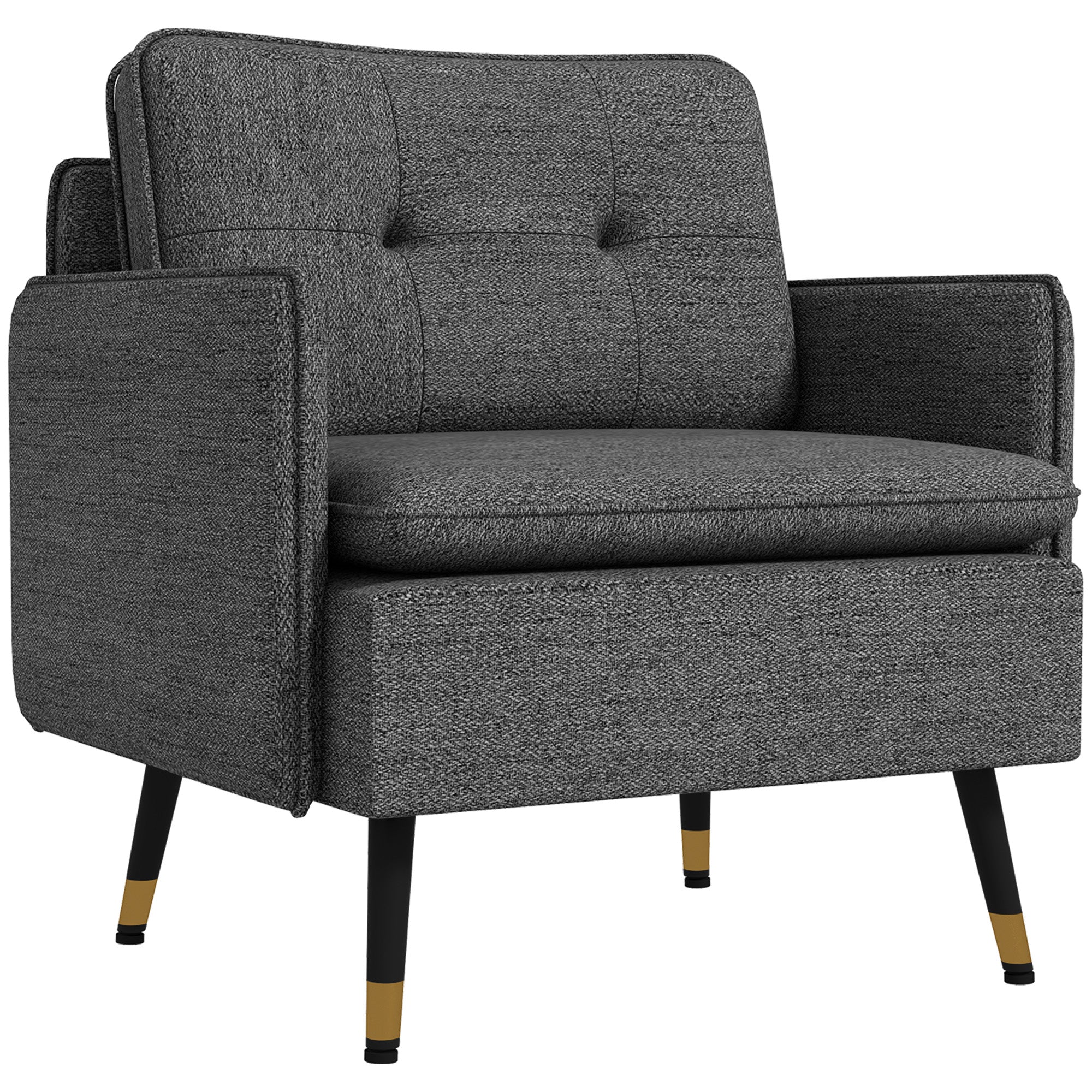 Fauteuil scandinave dossier capitonné avec passepoil en tissu 76 x 68 x 80 cm - gris et pieds en métal noir et doré