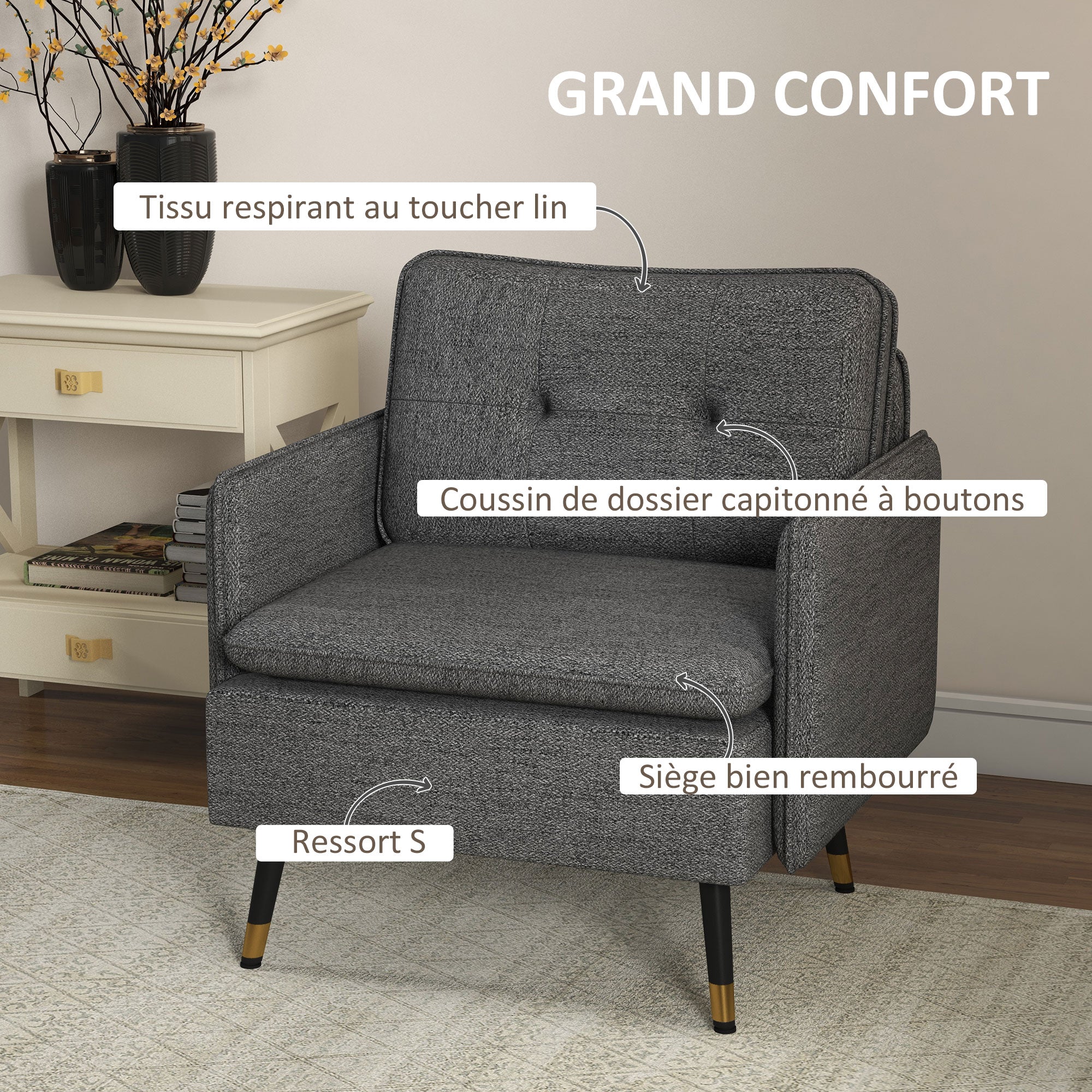 Fauteuil scandinave dossier capitonné avec passepoil en tissu 76 x 68 x 80 cm - gris et pieds en métal noir et doré