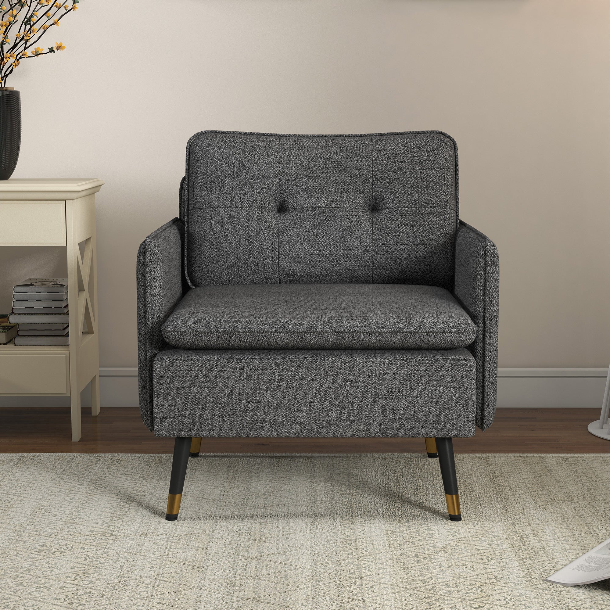 Fauteuil scandinave dossier capitonné avec passepoil en tissu 76 x 68 x 80 cm - gris et pieds en métal noir et doré