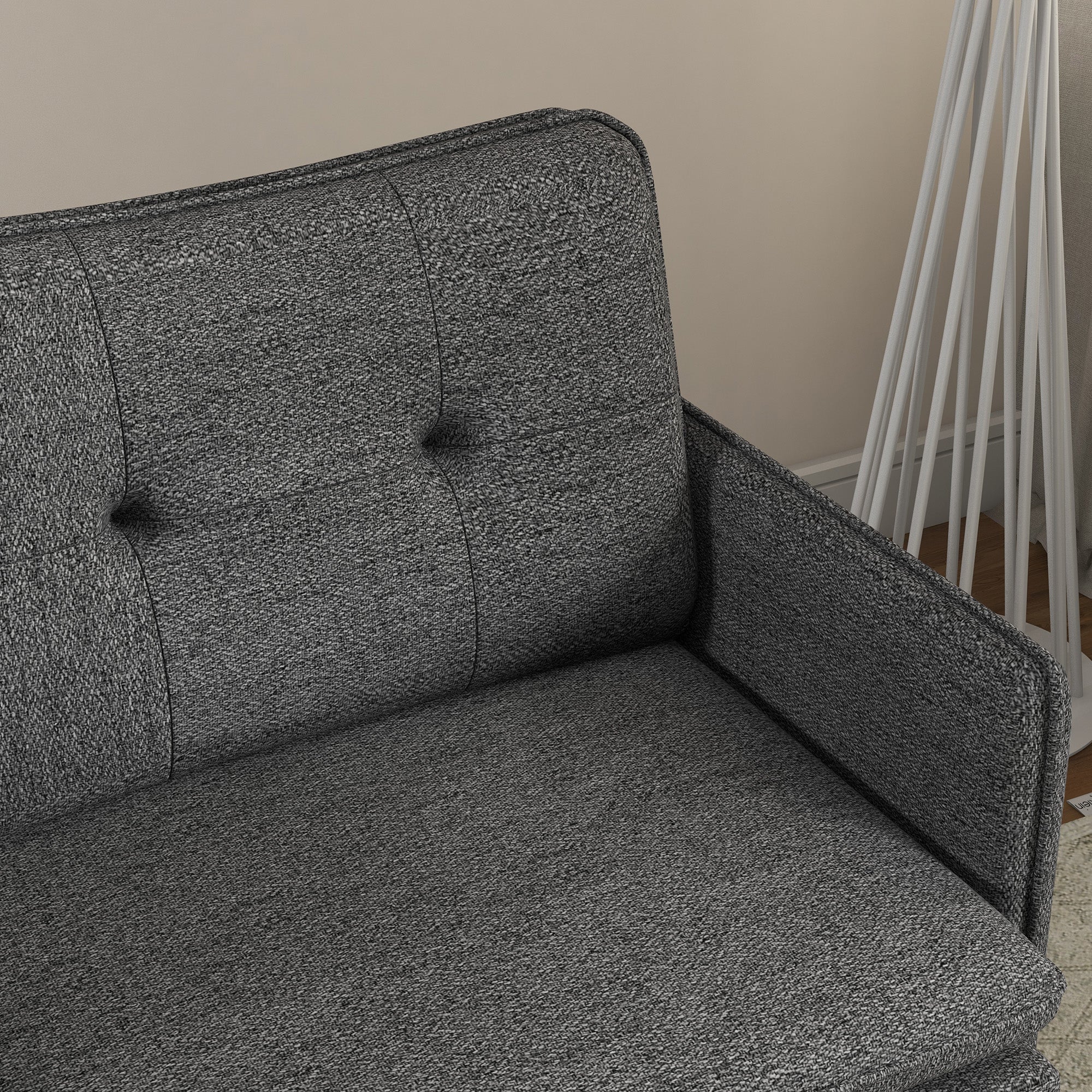 Fauteuil scandinave dossier capitonné avec passepoil en tissu 76 x 68 x 80 cm - gris et pieds en métal noir et doré