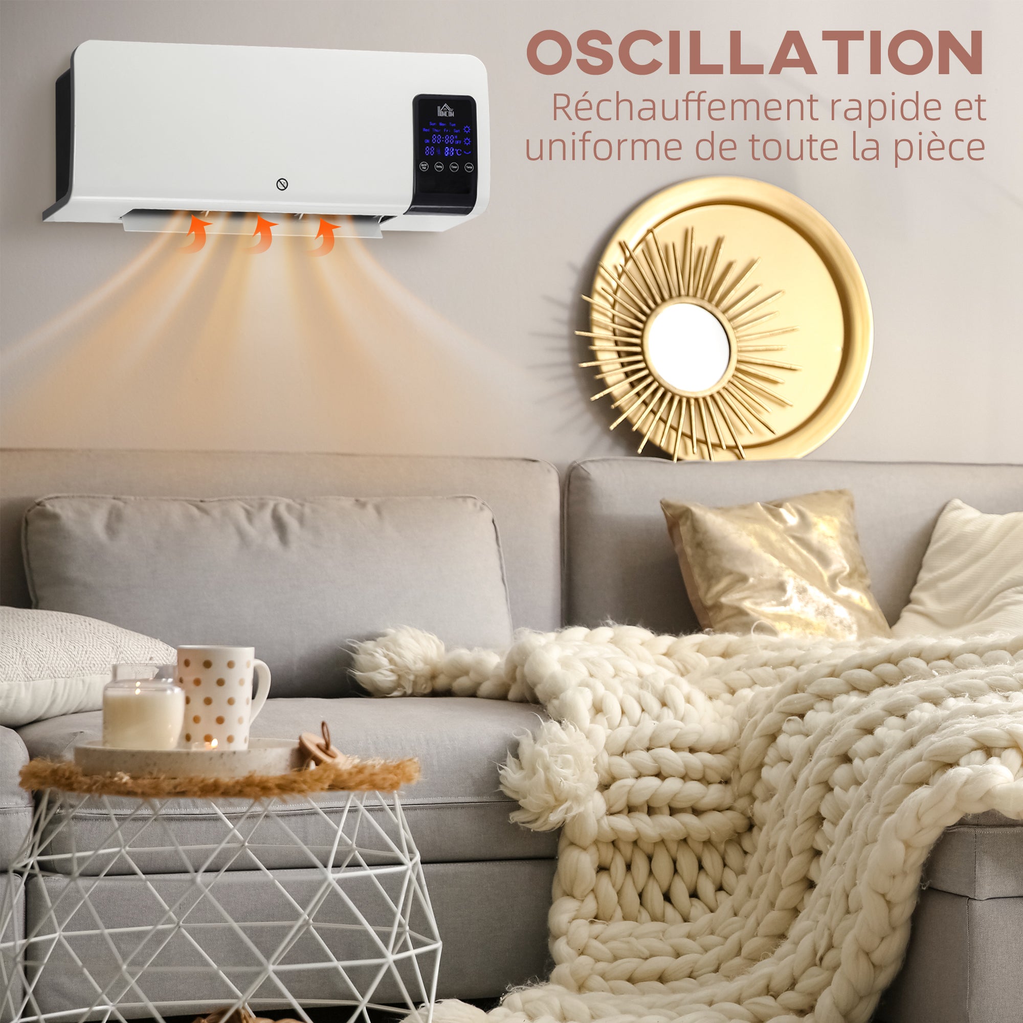 Radiateur soufflant mural chauffage céramique PTC - 1000 W / 2000 W oscillation minuterie avec télécommande blanc