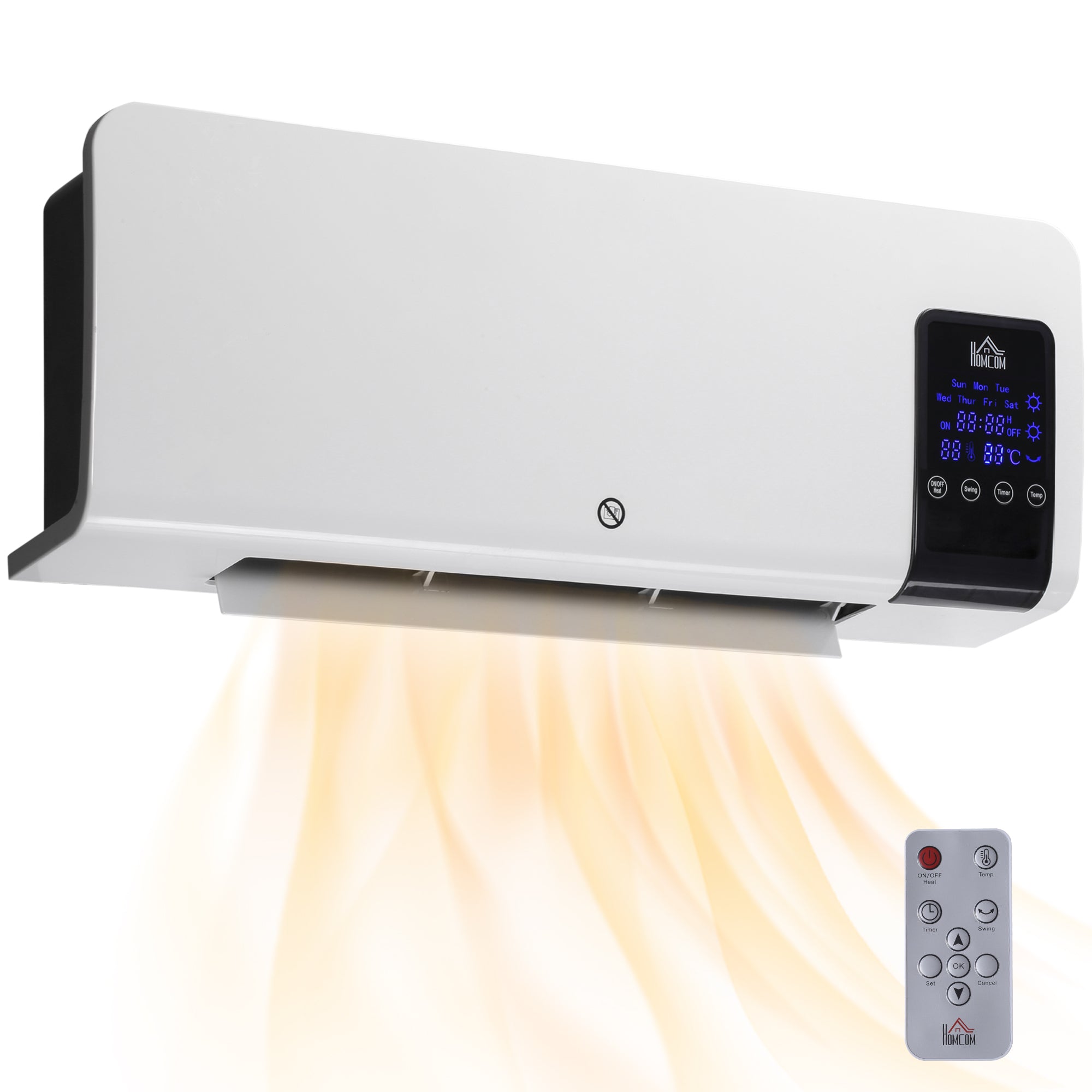 Radiateur soufflant mural chauffage céramique PTC - 1000 W / 2000 W oscillation minuterie avec télécommande blanc