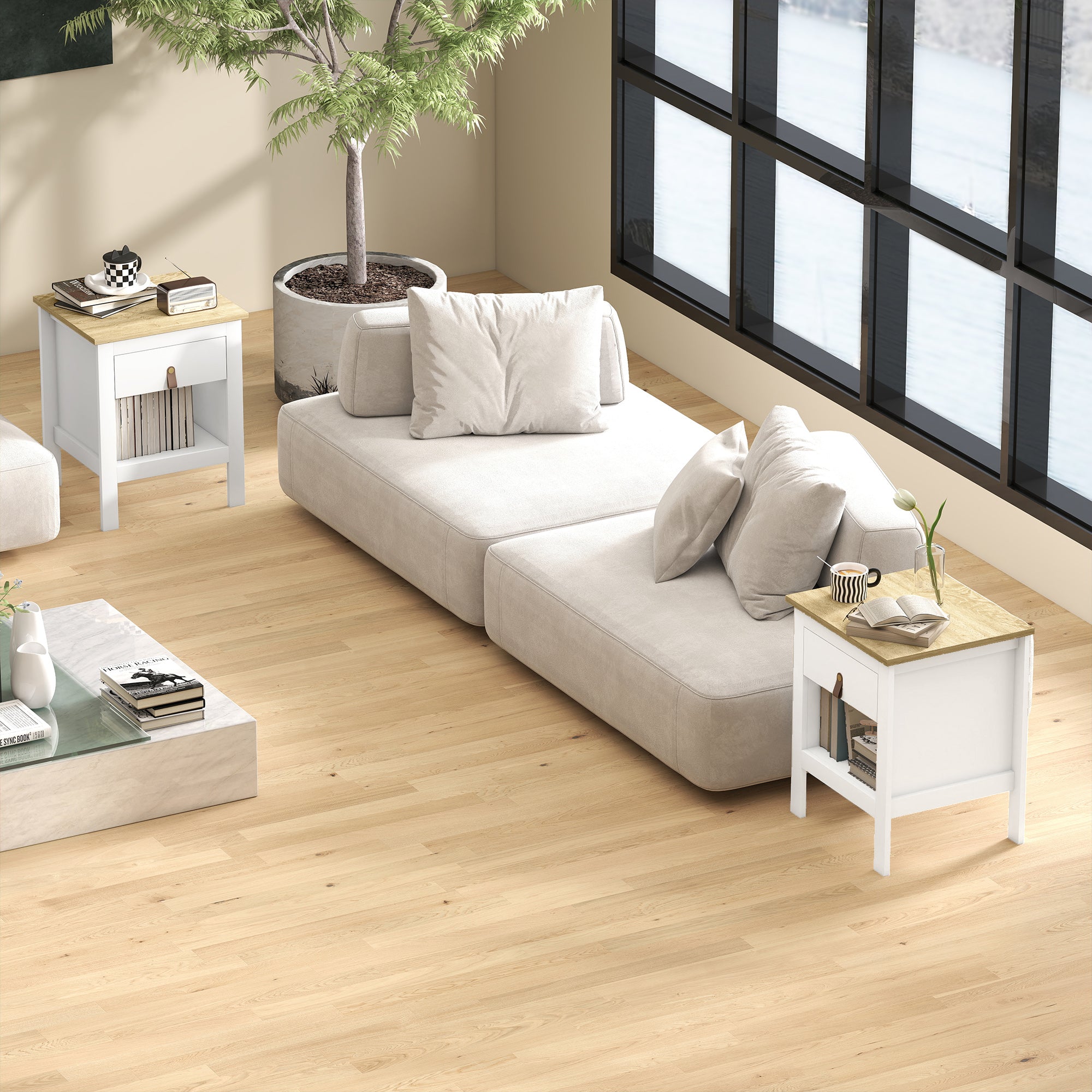 Lot de 2 tables de chevet table de nuit avec tiroir et compartiment ouvert, style moderne pour chambre à coucher, salon, 45 x 40 x 55 cm, blanc