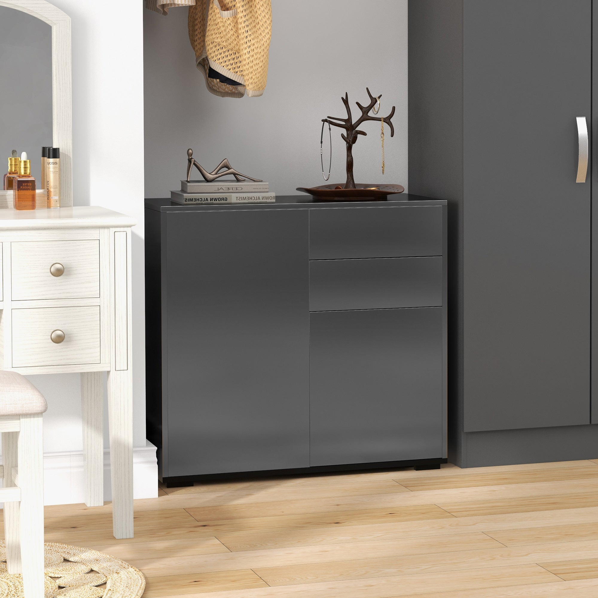 Meuble de rangement buffet commode armoire de rangement avec 2 tiroirs et 2 placards à portes, étagères réglables, pour salon, cuisine, chambre, 79 x 36 x 74 cm noir brillant