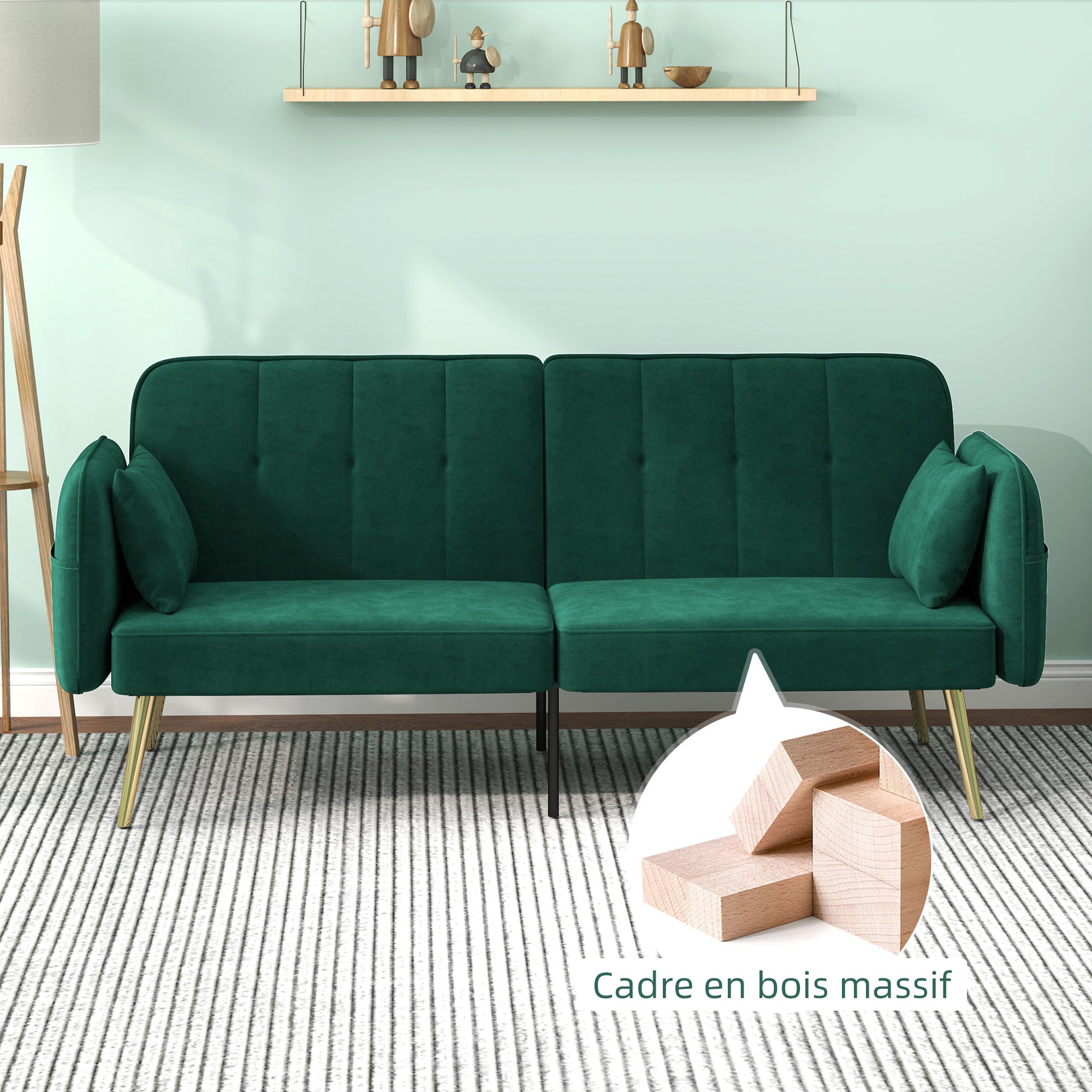 Canapé convertible 2 places canapé-lit canapé clic-clac en tissu velours avec dossier réglable et coussins pour salon, chambre d'amis, vert foncé