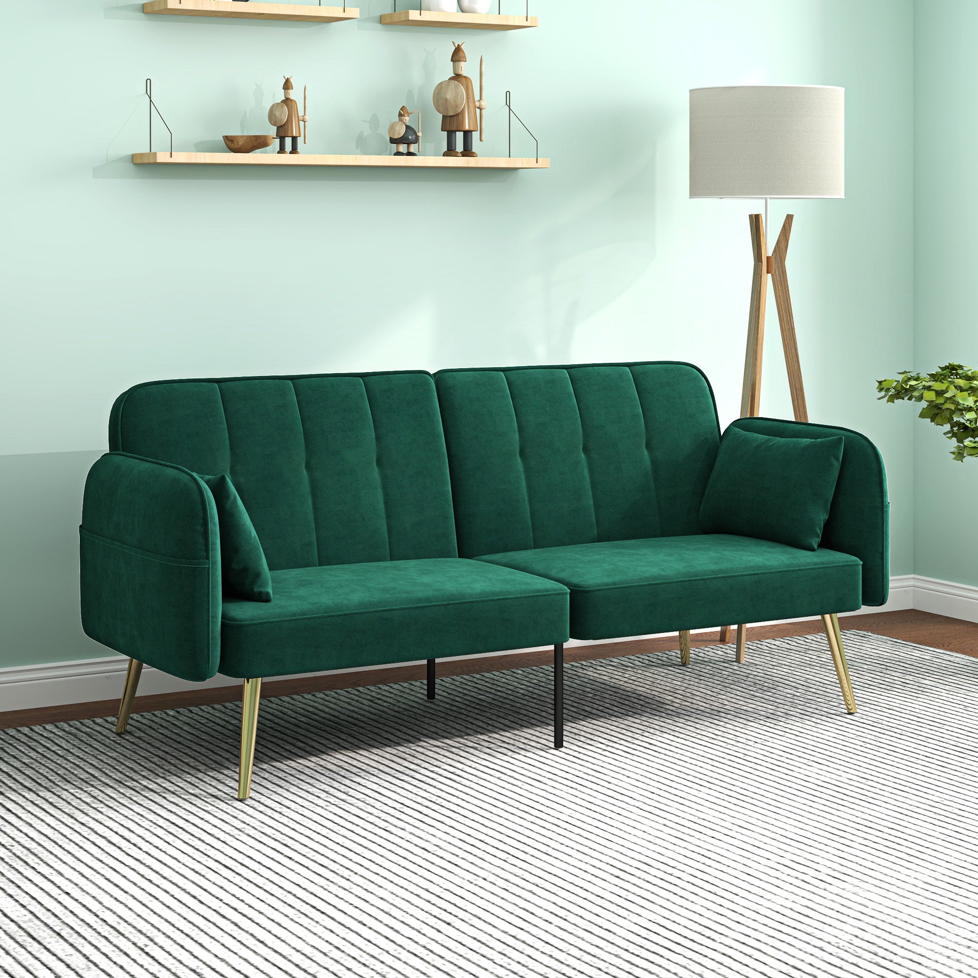 Canapé convertible 2 places canapé-lit canapé clic-clac en tissu velours avec dossier réglable et coussins pour salon, chambre d'amis, vert foncé