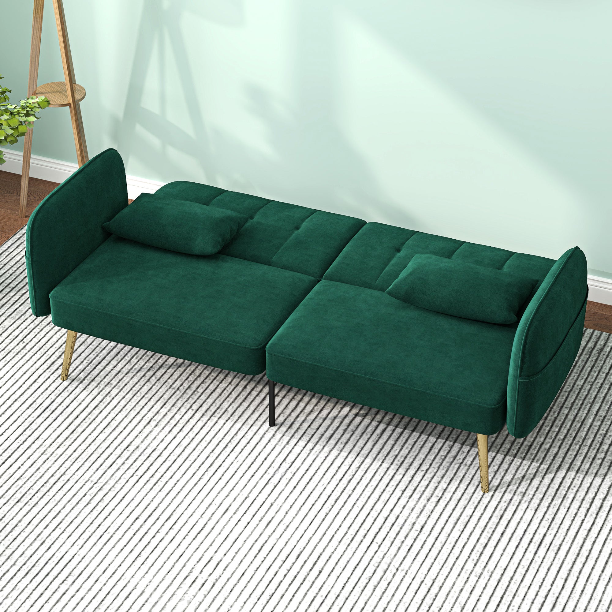 Canapé convertible 2 places canapé-lit canapé clic-clac en tissu velours avec dossier réglable et coussins pour salon, chambre d'amis, vert foncé