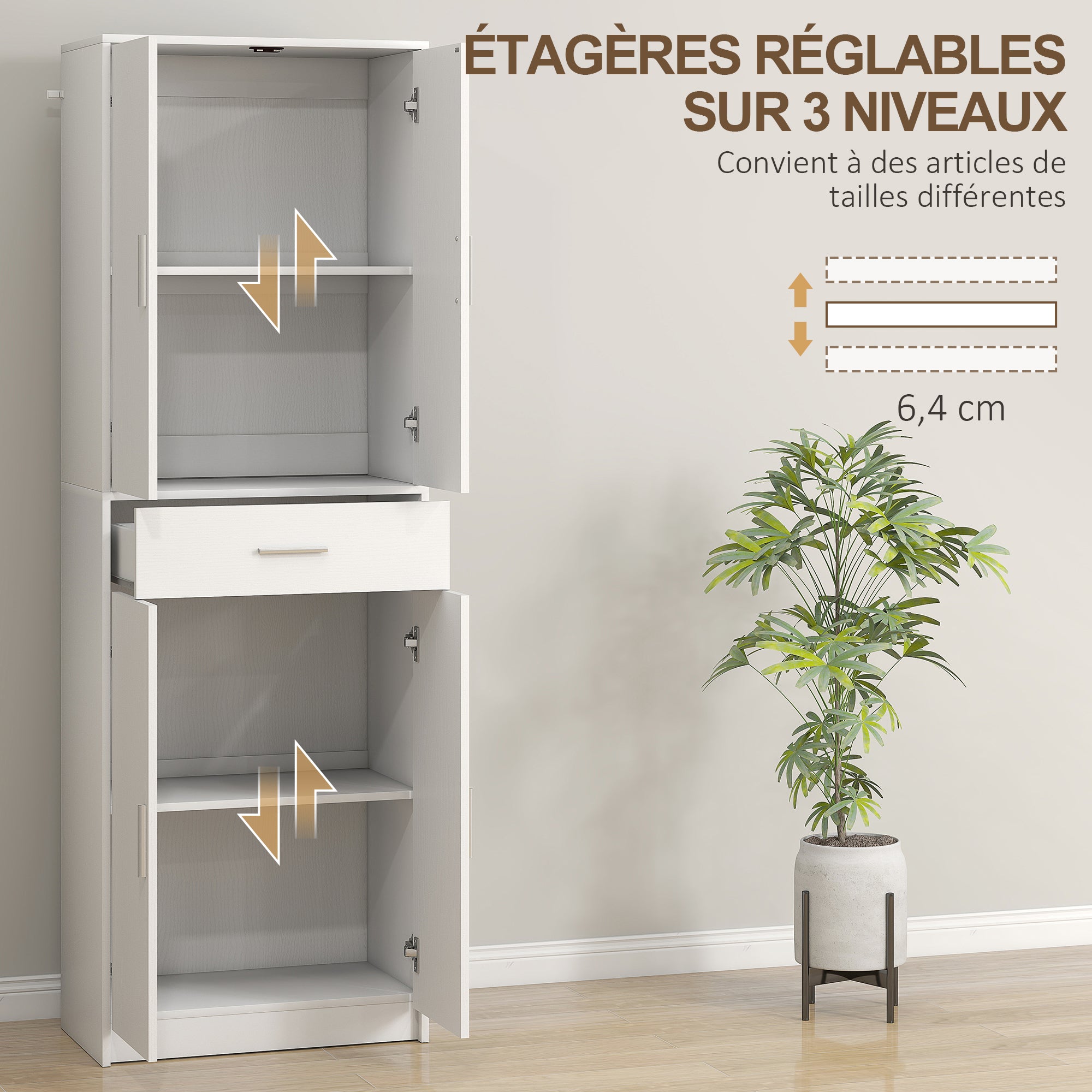 Armoire de cuisine buffet cuisine style moderne vaisselier avec placards à portes, étagères réglables et tiroir, meuble de rangement pour salle à manger, salon, 60 x 35 x 180 cm, blanc