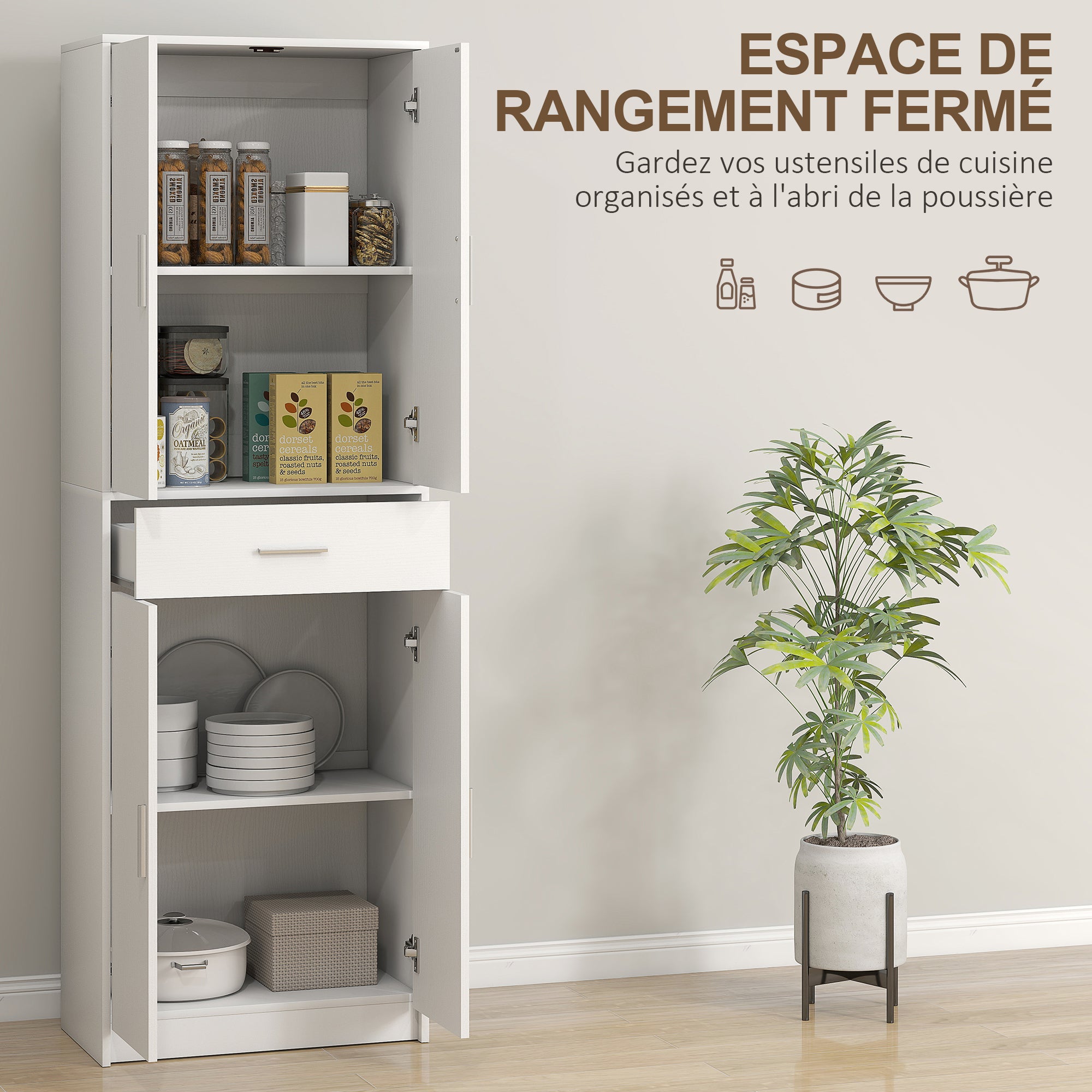 Armoire de cuisine buffet cuisine style moderne vaisselier avec placards à portes, étagères réglables et tiroir, meuble de rangement pour salle à manger, salon, 60 x 35 x 180 cm, blanc
