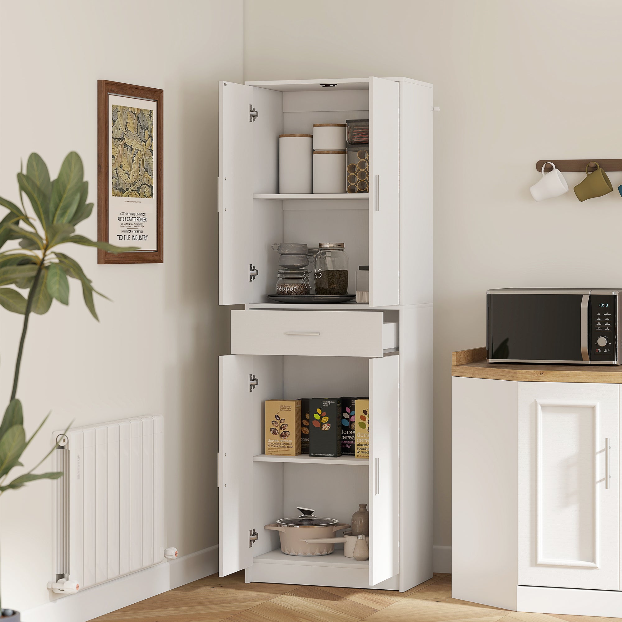 Armoire de cuisine buffet cuisine style moderne vaisselier avec placards à portes, étagères réglables et tiroir, meuble de rangement pour salle à manger, salon, 60 x 35 x 180 cm, blanc